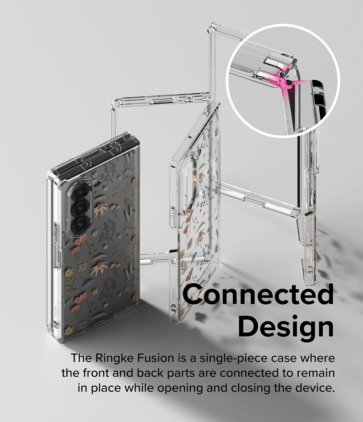 Galaxy Z Fold 6 case | Fusion Design - Clear floral phone case with a flexible hinge connecting front and back panels.