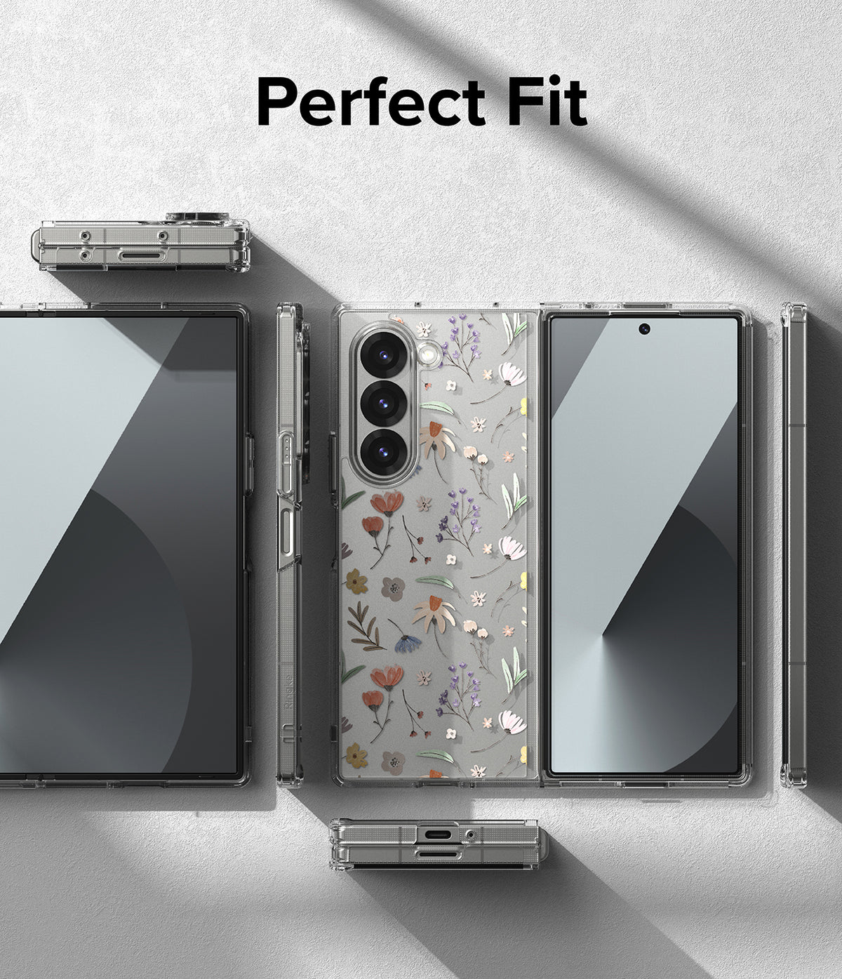 Galaxy Z Fold 6 case | Fusion Design - Clear phone case with floral pattern shown from multiple angles on a gray background.