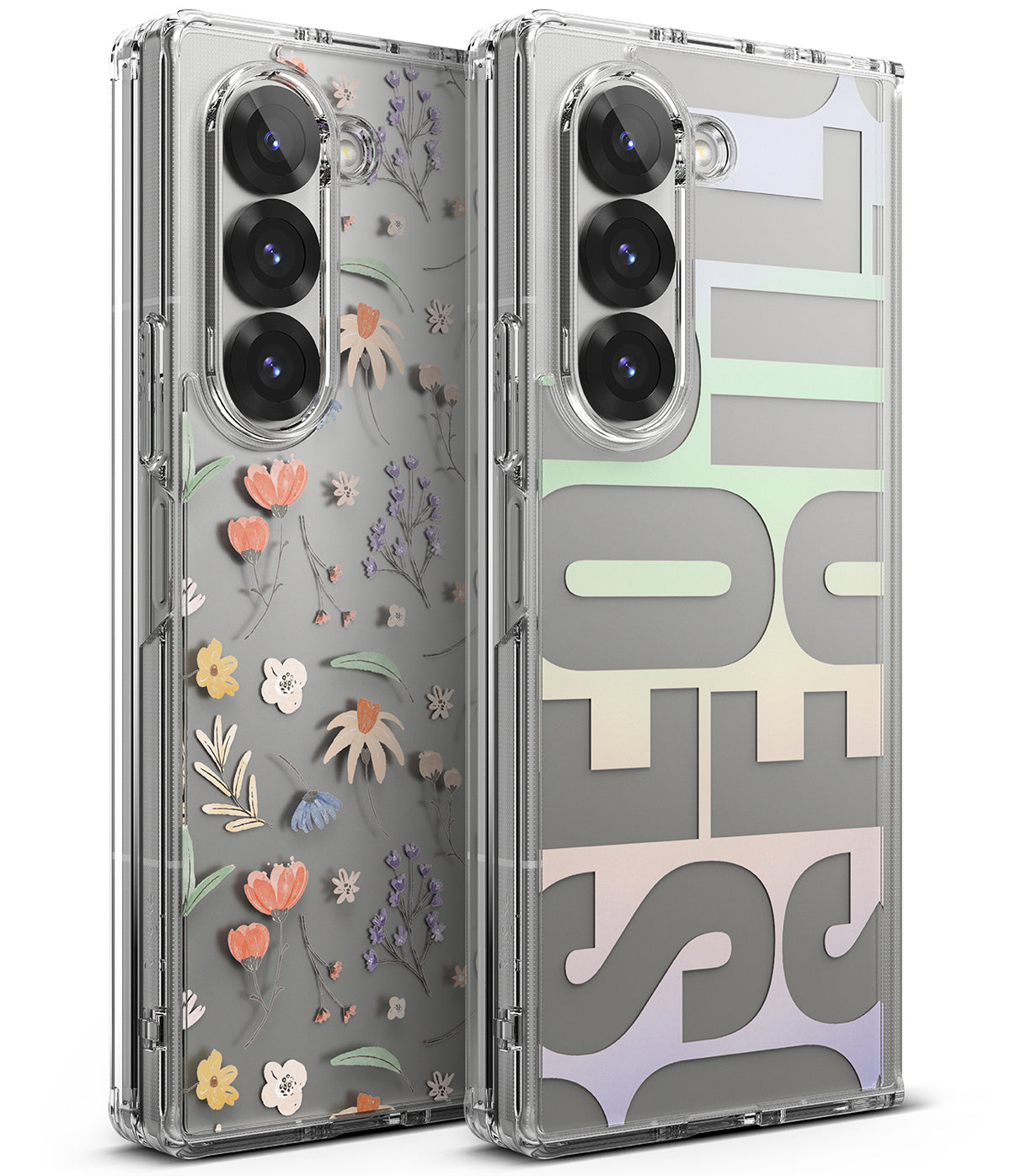 Galaxy Z Fold 6 case | Fusion Design - Two clear phone cases, one with floral patterns and one with large, pastel-gradient typography.