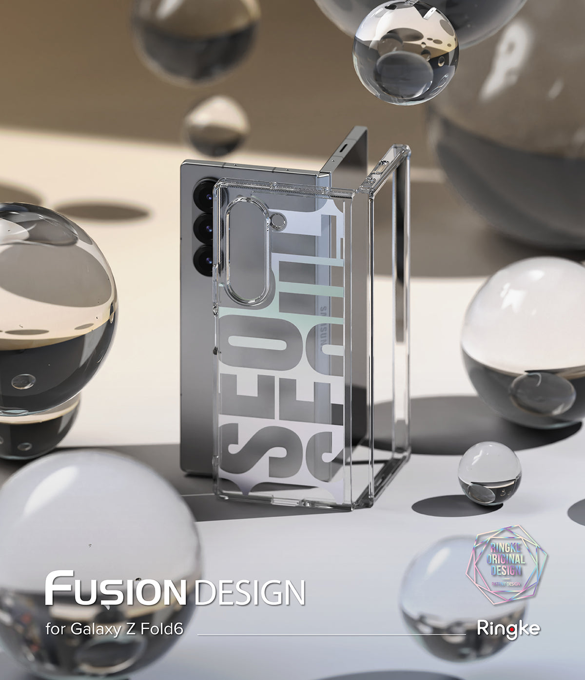 Galaxy Z Fold 6 case | Fusion Design - Clear phone case with Seoul typography floating near a silver Galaxy Z Fold 6 amidst glass spheres.