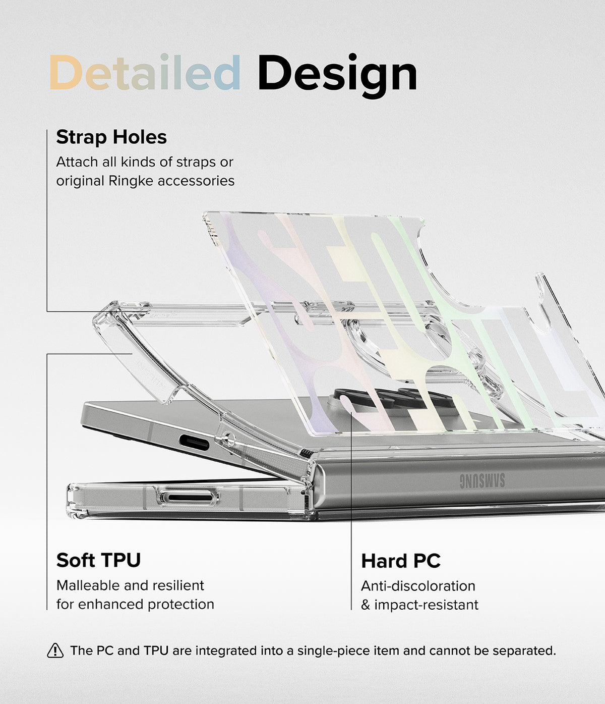 Galaxy Z Fold 6 case | Fusion Design - Diagram showing strap holes, soft TPU, and hard PC features of a clear phone case.