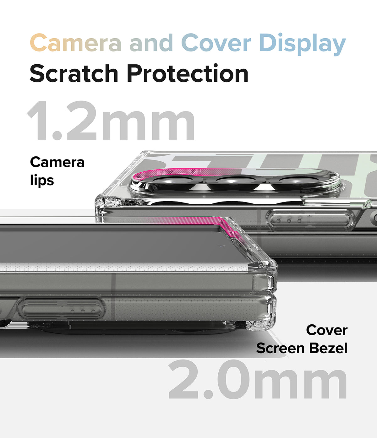 Galaxy Z Fold 6 case | Fusion Design - Close-up of phone case showing 1.2mm camera lips and 2.0mm screen bezel protection.