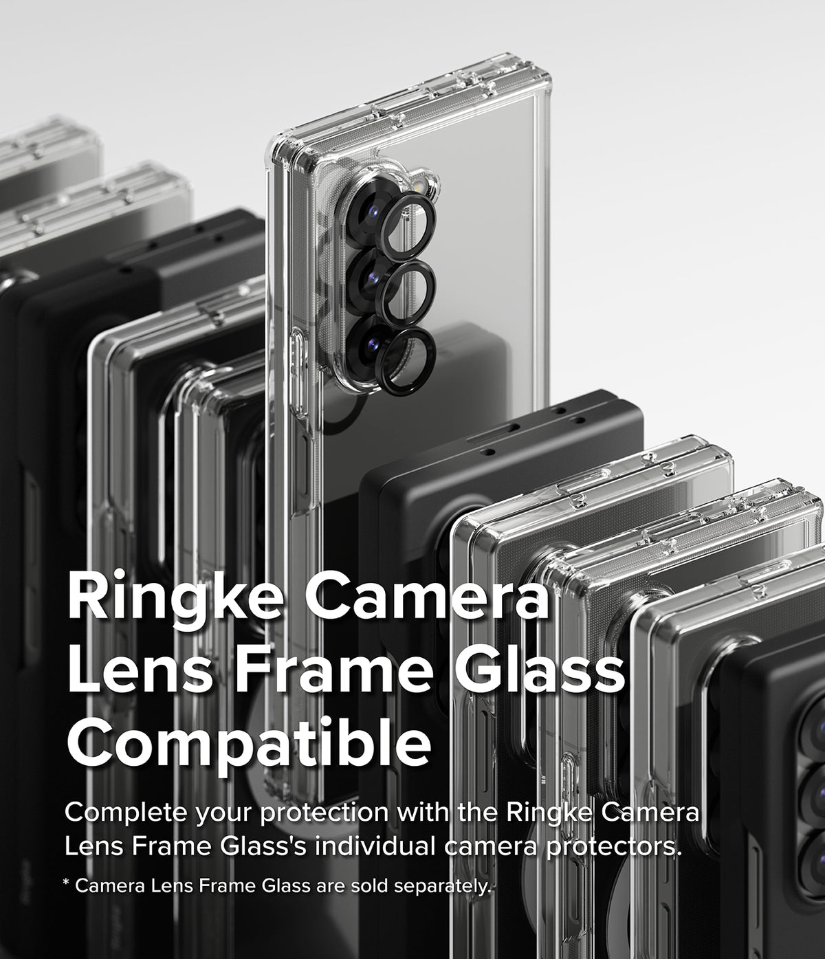 Galaxy Z Fold 6 case | Fusion Design - Row of Galaxy Z Fold 6 phones in clear cases with black individual camera lens protectors.
