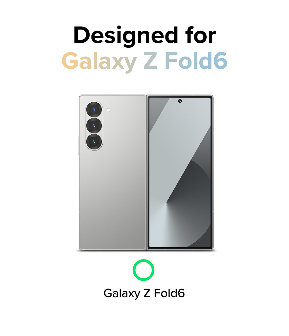 Galaxy Z Fold 6 case | Fusion Design - Silver Galaxy Z Fold 6 phone shown from back and front with text confirming compatibility.
