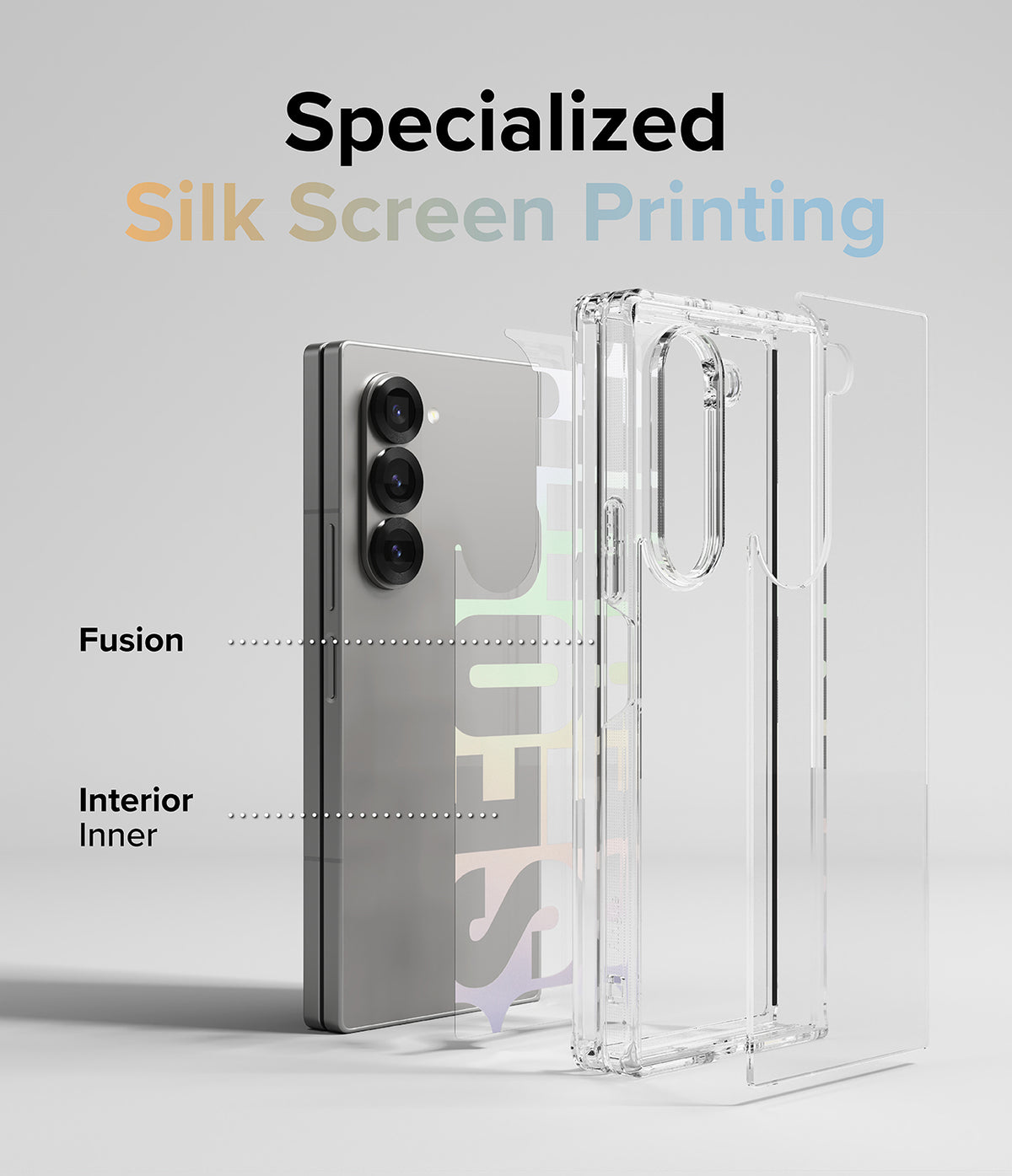 Galaxy Z Fold 6 case | Fusion Design - Exploded view of a phone case showing silk screen printing layers on a Galaxy Z Fold 6.