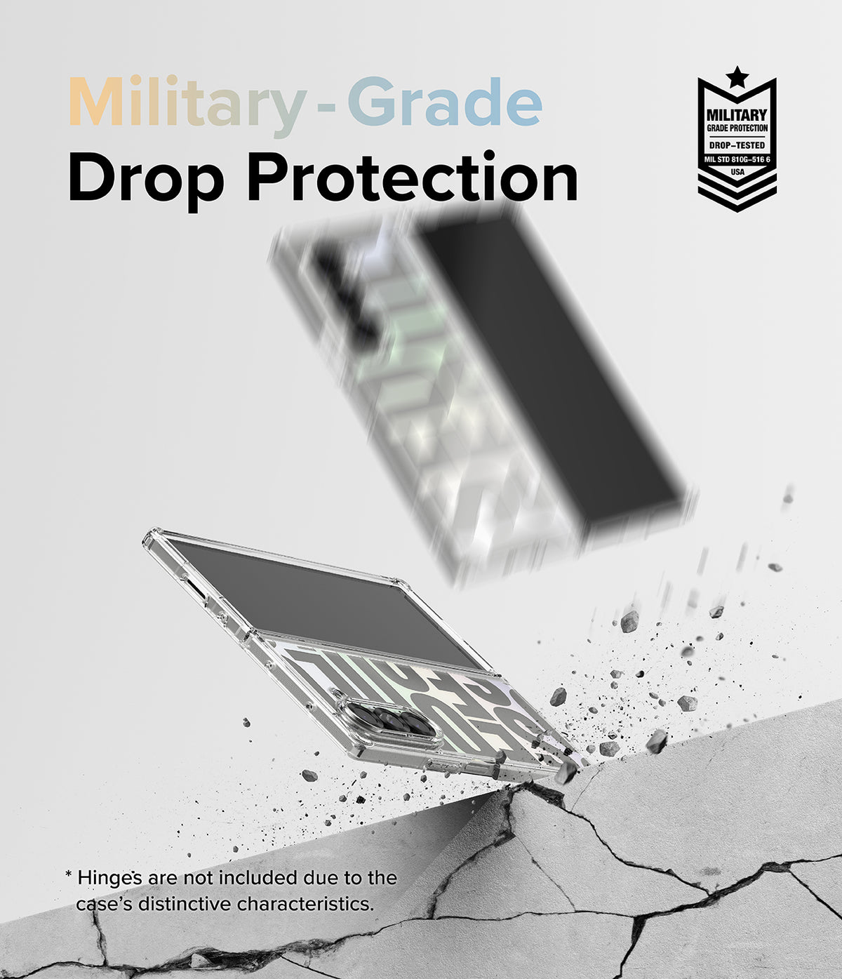 Galaxy Z Fold 6 case | Fusion Design - A Galaxy Z Fold 6 in a clear case hitting a concrete surface with debris flying.