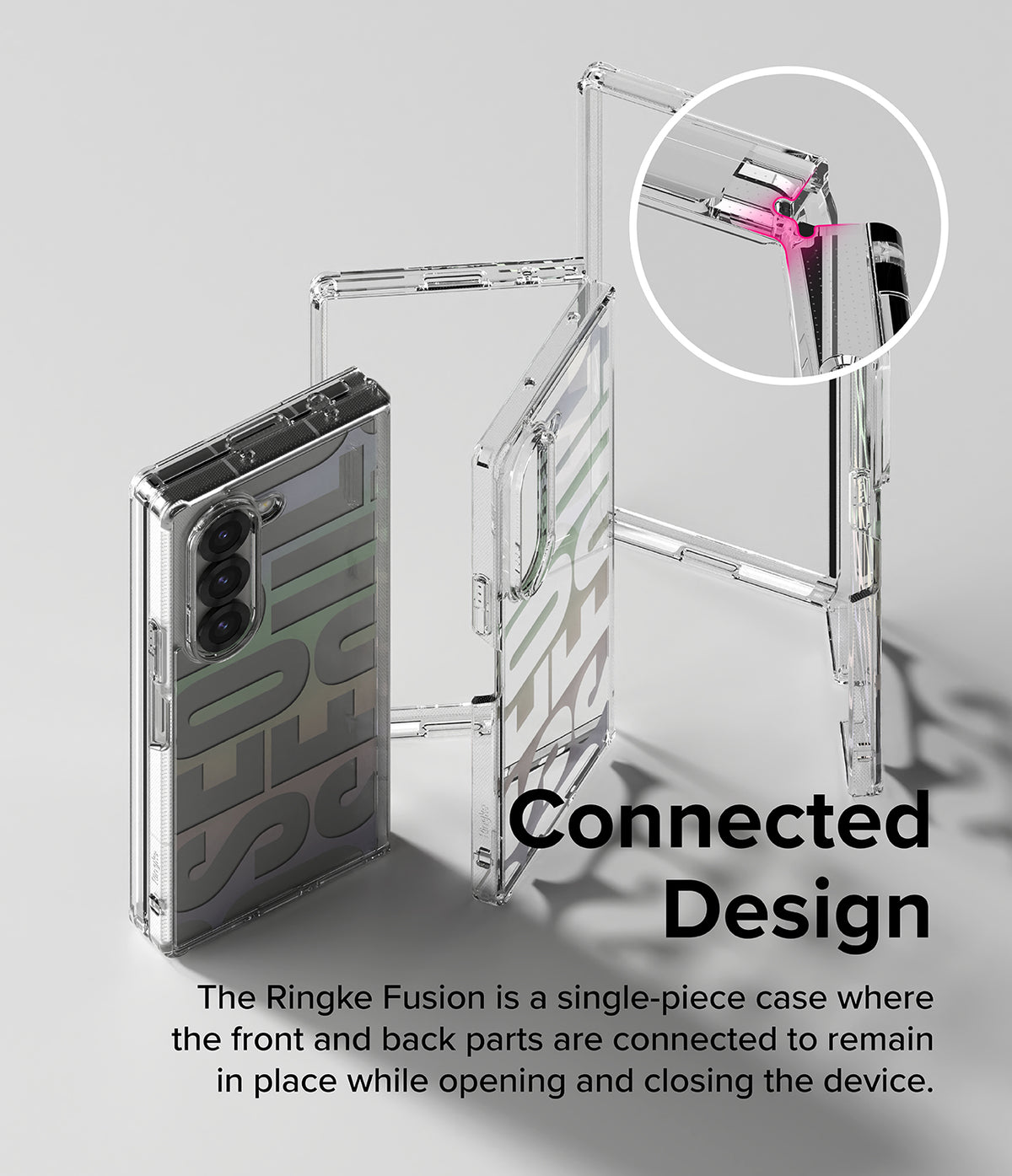 Galaxy Z Fold 6 case | Fusion Design - Clear single-piece case with a flexible hinge connector highlighted in a circular inset.