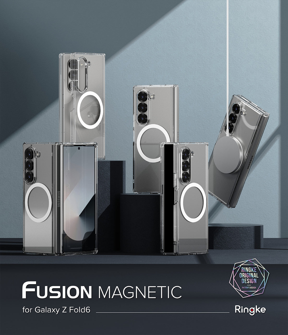 Galaxy Z Fold 6 Case | Fusion Magnetic - Clear - Clear magnetic cases for Galaxy Z Fold 6 displayed on dark pedestals.