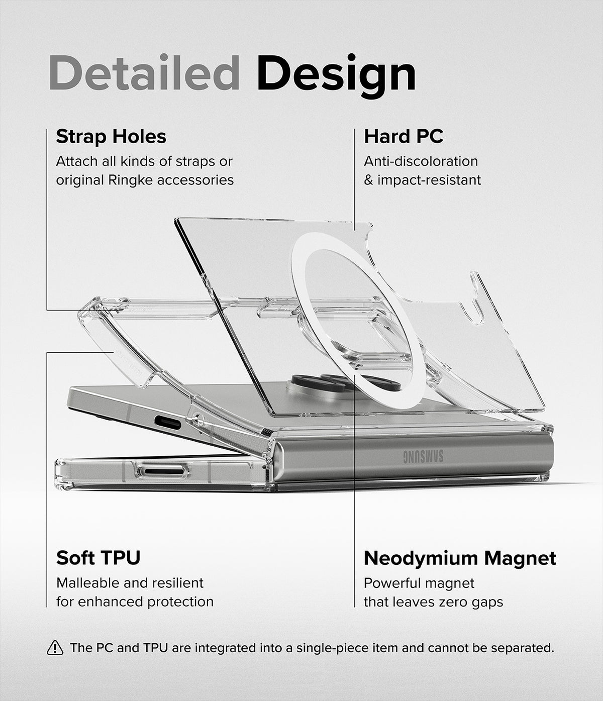 Galaxy Z Fold 6 Case | Fusion Magnetic - Clear - Exploded view of clear phone case highlighting strap holes, PC, TPU, and magnet.