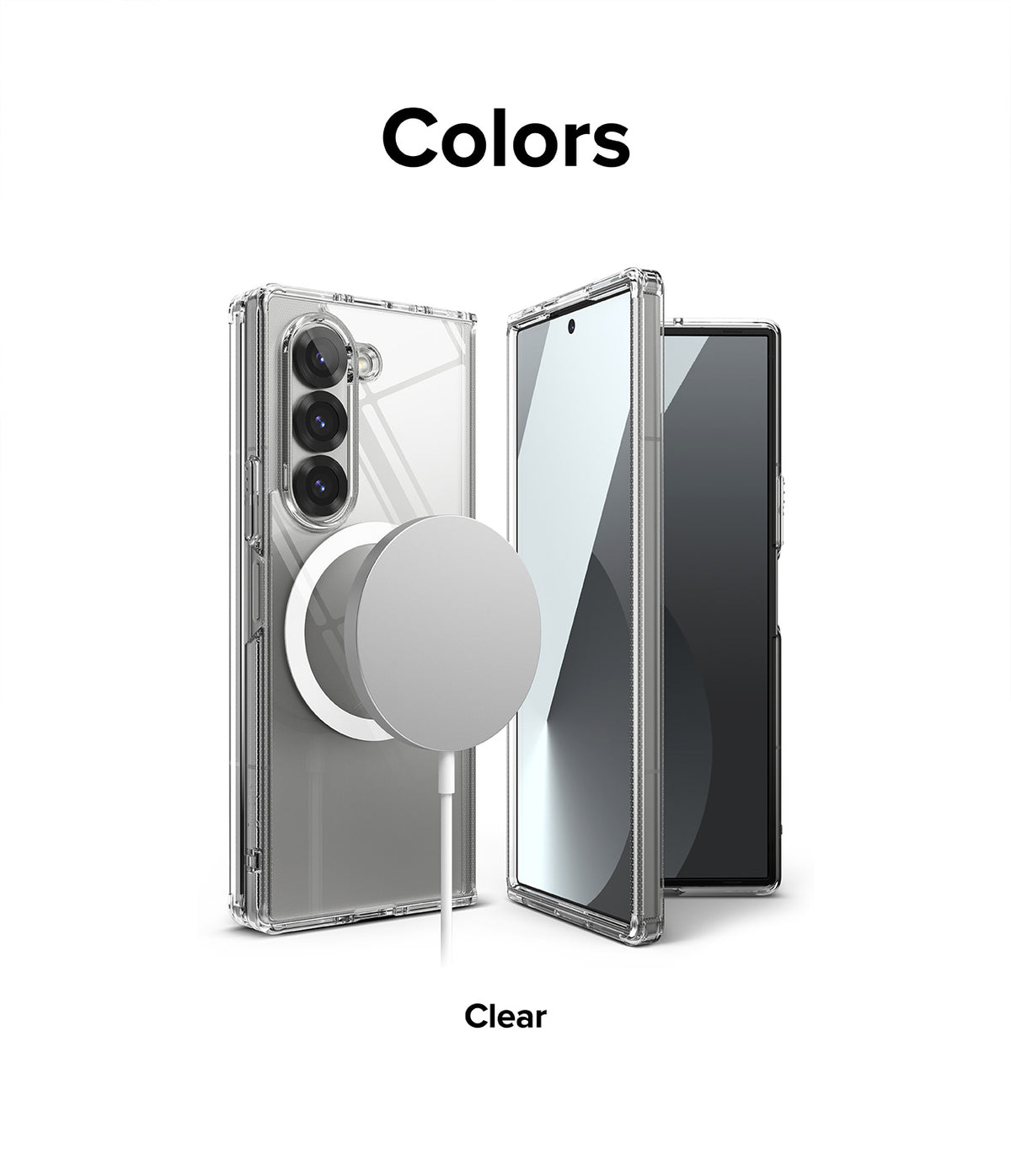 Galaxy Z Fold 6 Case | Fusion Magnetic - Clear - Clear magnetic phone case on a Galaxy Z Fold 6 with a charging puck.