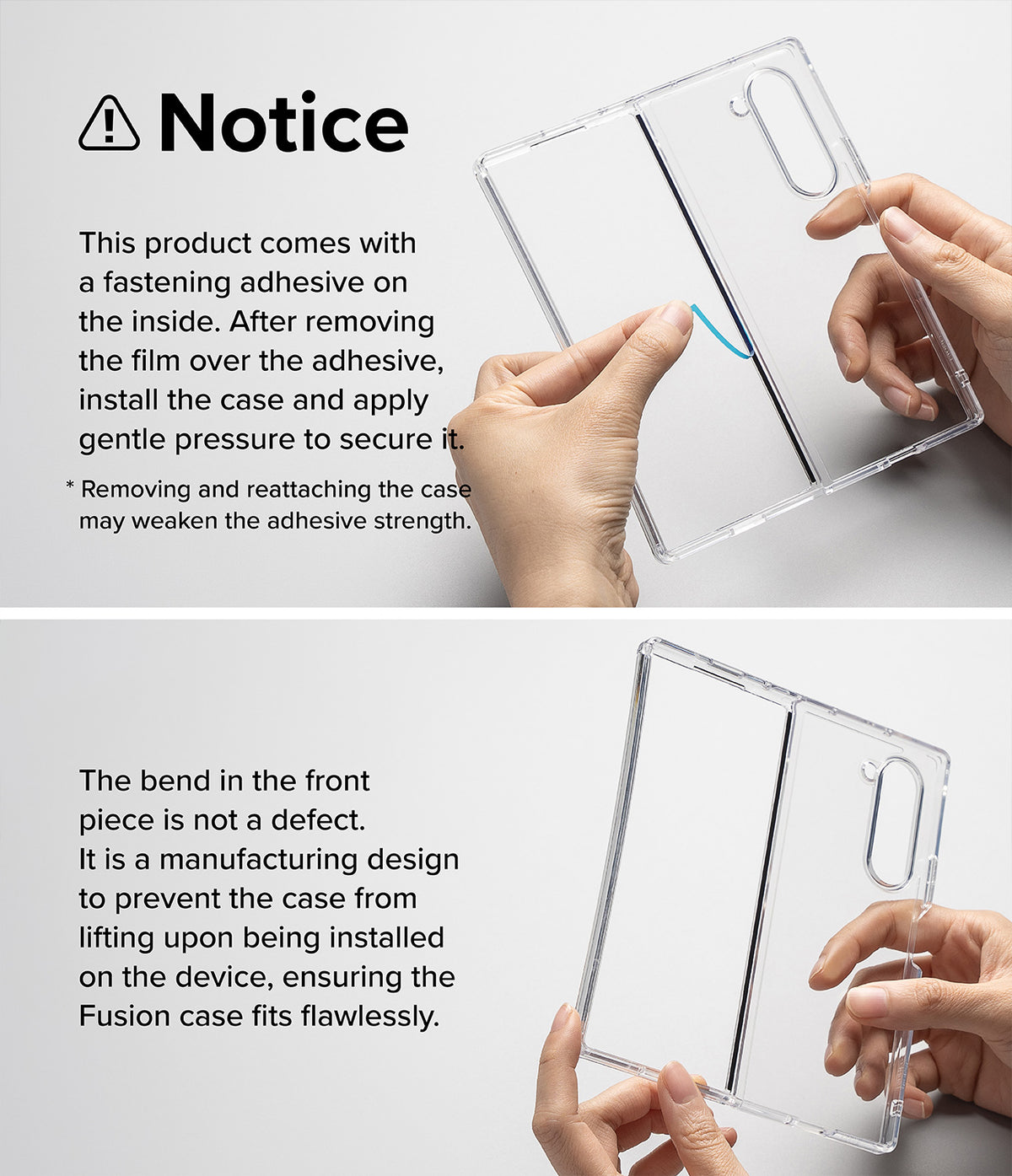 Galaxy Z Fold 6 Case | Fusion Magnetic - Clear - Instructions for removing adhesive film and explanation of case design.