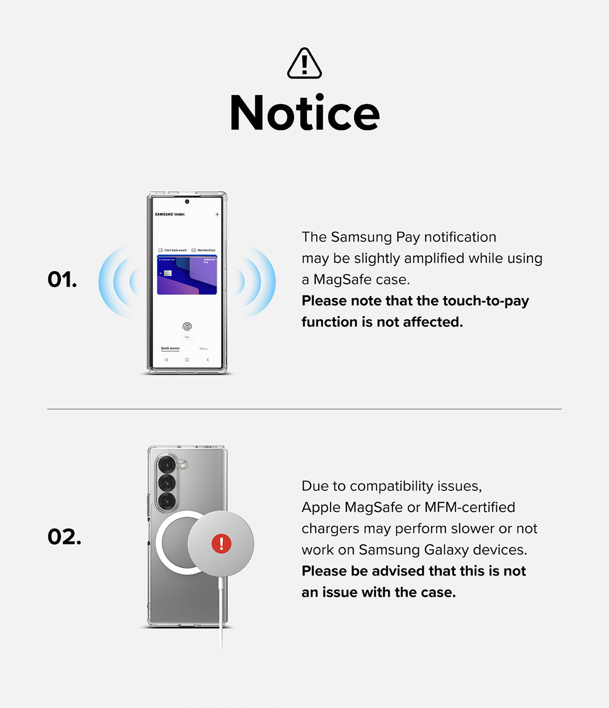 Galaxy Z Fold 6 Case | Fusion Magnetic - Clear - Notice regarding Samsung Pay notification and MagSafe charger compatibility.
