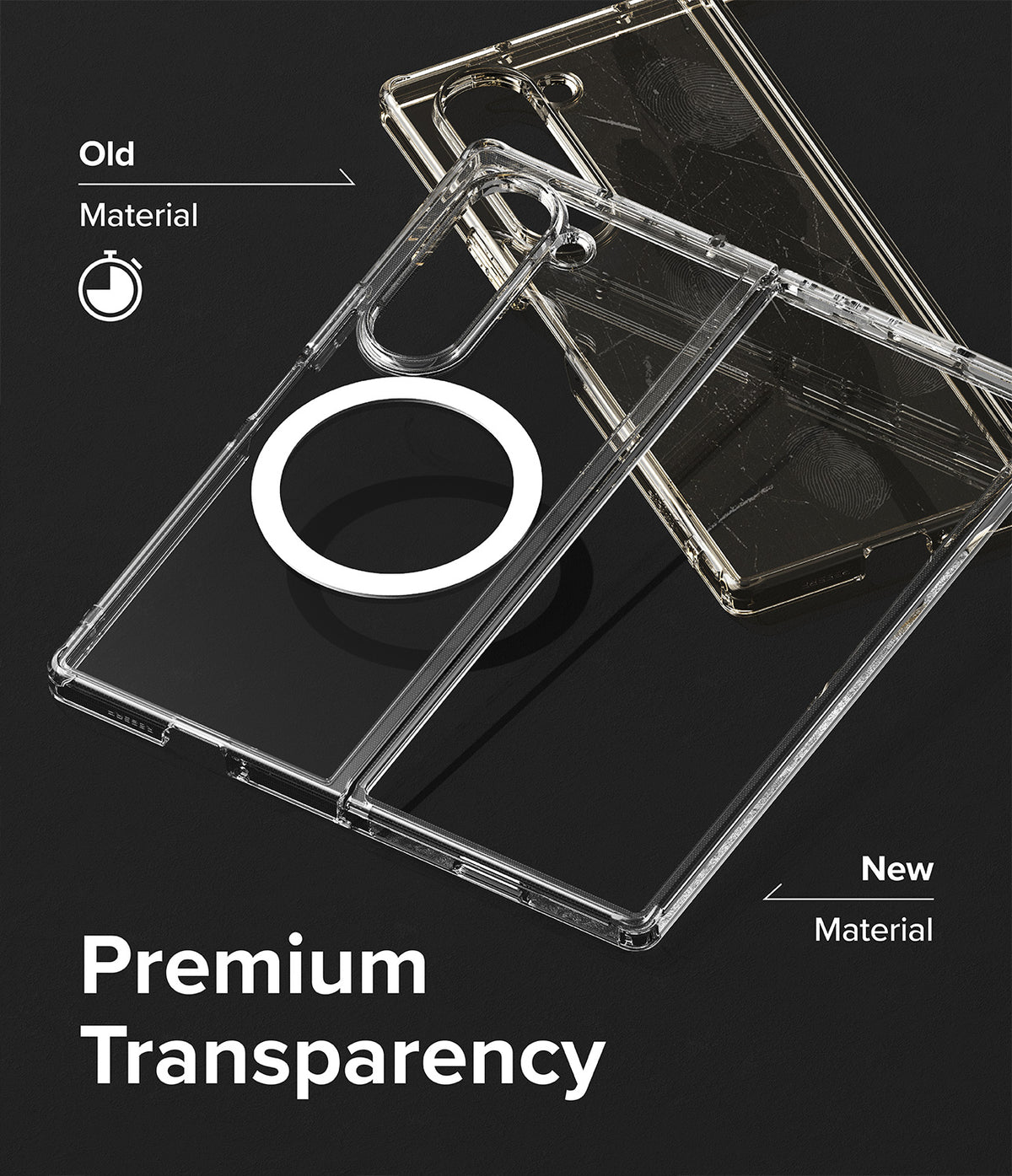 Galaxy Z Fold 6 Case | Fusion Magnetic - Clear - Comparison of a yellowed old phone case and a clear new case.