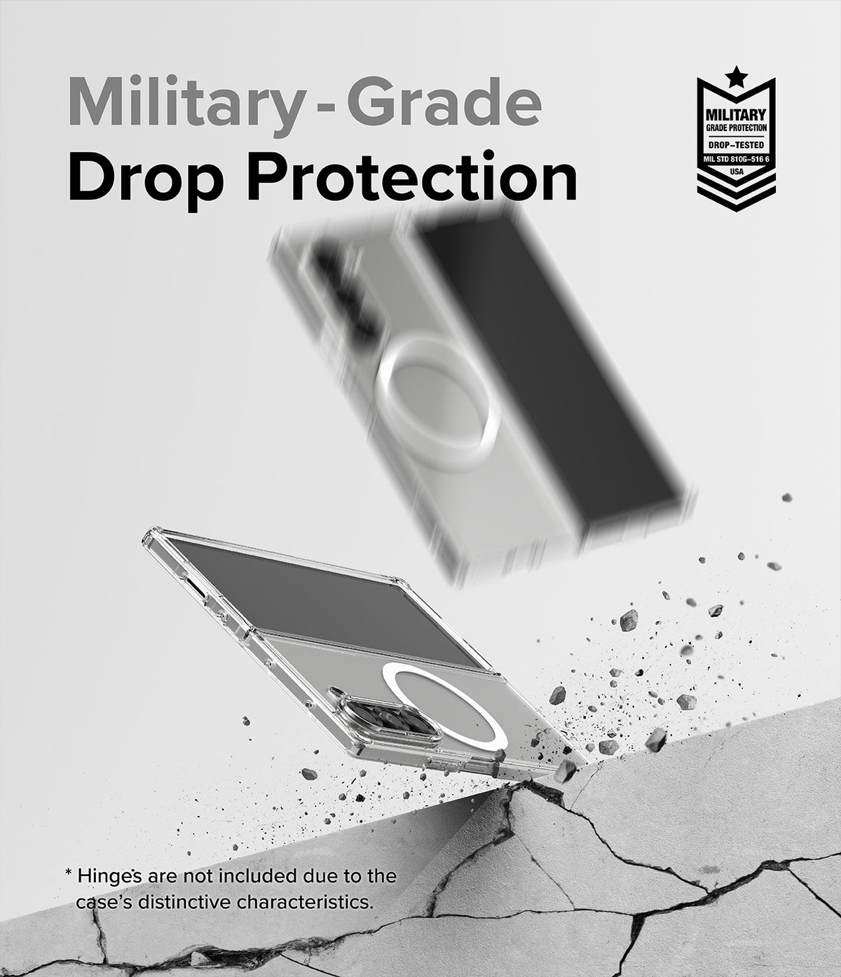 Galaxy Z Fold 6 Case | Fusion Magnetic - Clear - Clear phone case with magnetic ring falling toward a cracked surface.