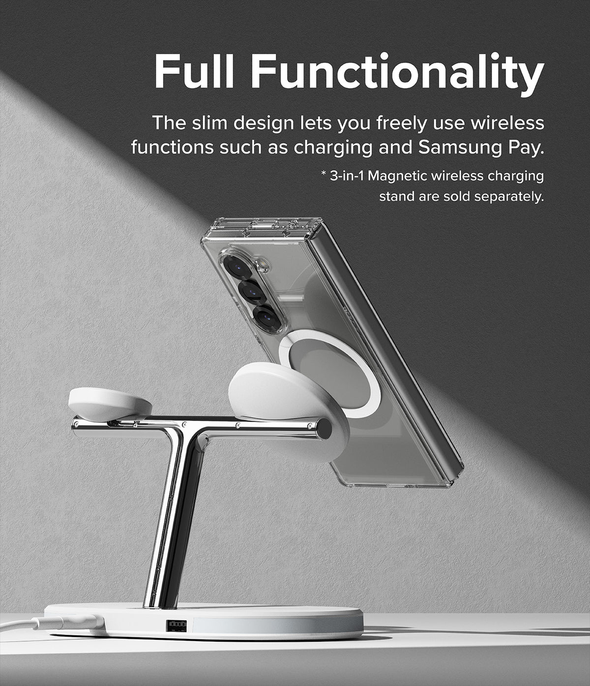 Galaxy Z Fold 6 Case | Fusion Magnetic - Clear - Clear phone case on a magnetic wireless charging stand.