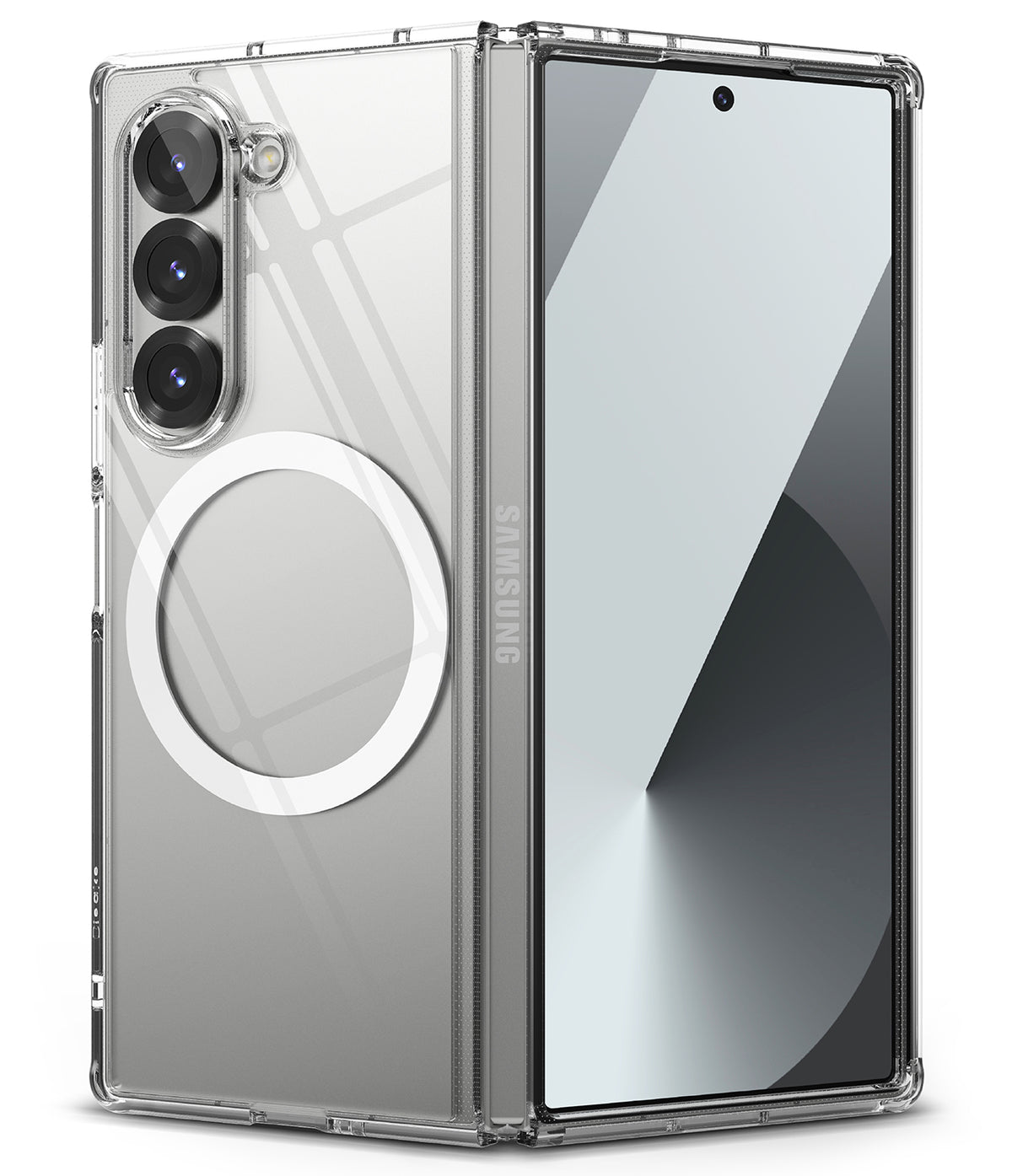 Galaxy Z Fold 6 Case | Fusion Magnetic - Clear - Clear magnetic case on a folded Samsung Galaxy Z Fold 6 smartphone.