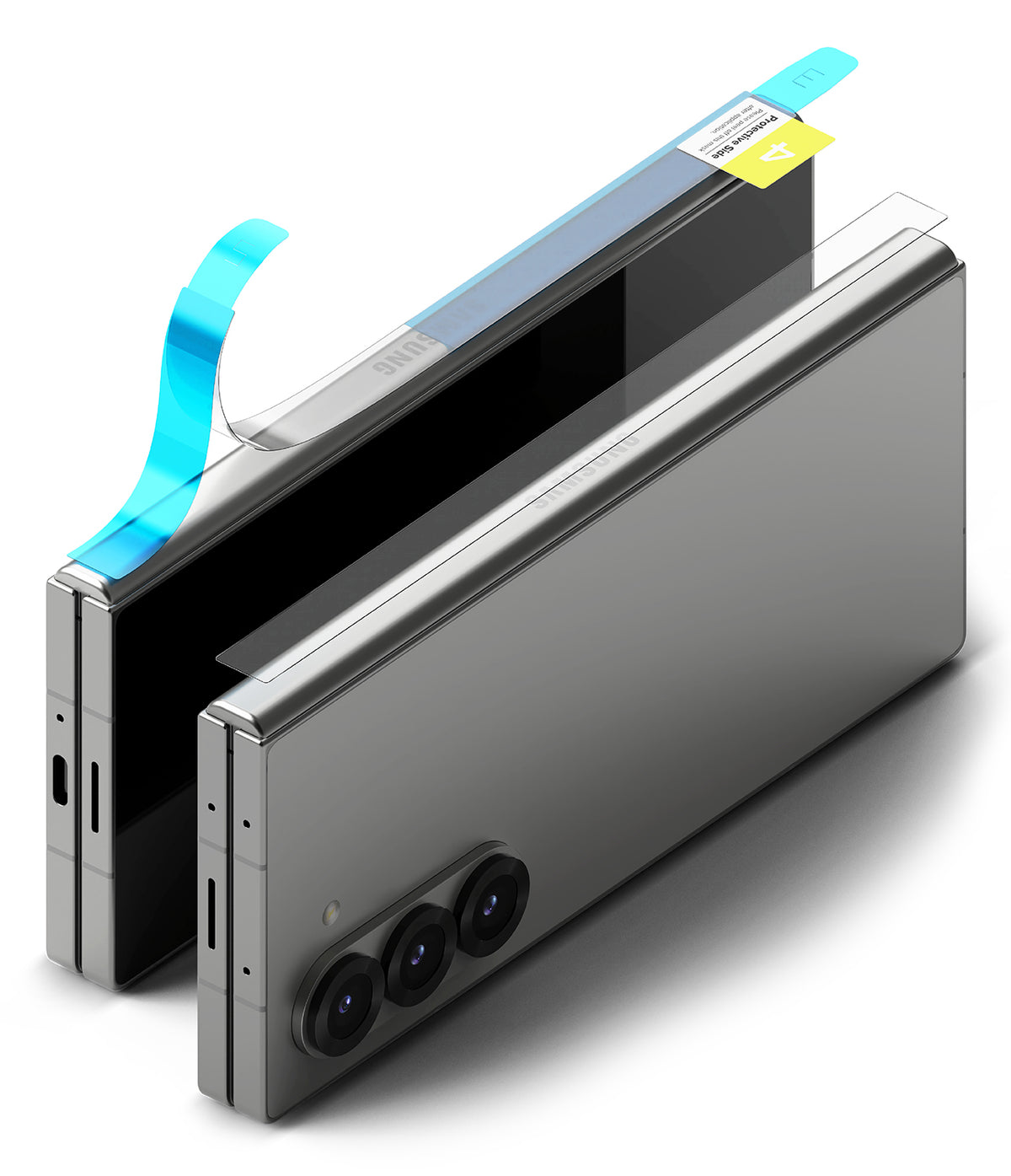 Galaxy Z Fold 6 Screen Protector | Hinge Dual Easy Film - Galaxy Z Fold 6 Screen Protector - Hinge film being applied to a folded silver smartphone with blue alignment tabs.