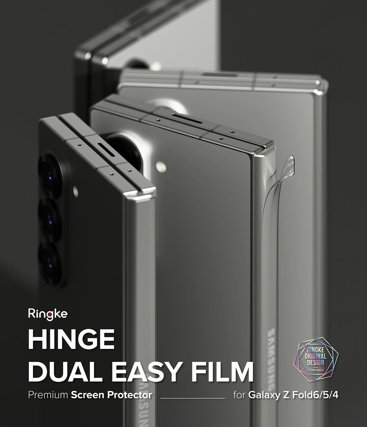 Galaxy Z Fold 6 Screen Protector | Hinge Dual Easy Film - Silver Galaxy Z Fold phones with a clear hinge film applied.