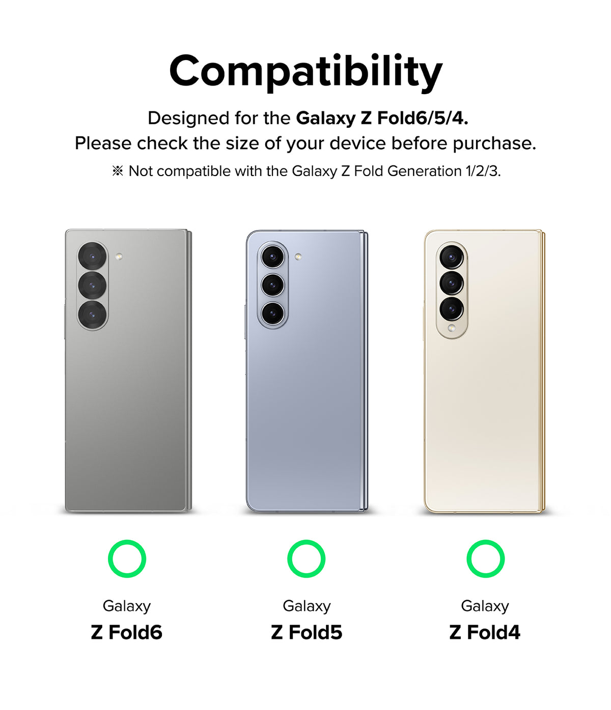 Galaxy Z Fold 6 Screen Protector | Hinge Dual Easy Film - Galaxy Z Fold 6 Screen Protector - Compatibility chart showing Galaxy Z Fold 6, 5, and 4 phones with green checkmarks.