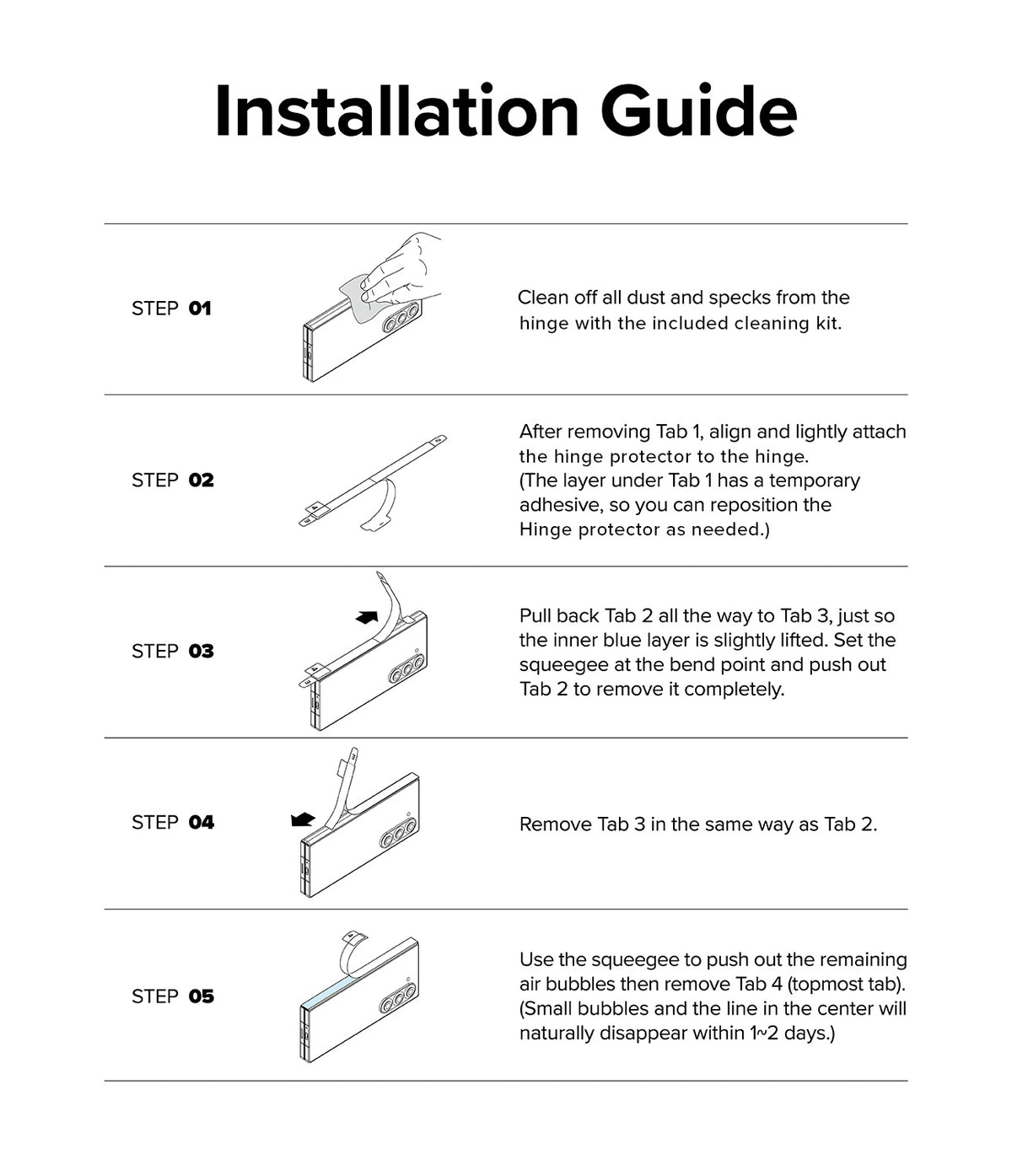 Galaxy Z Fold 6 Screen Protector | Hinge Dual Easy Film - Galaxy Z Fold 6 Screen Protector - Five-step illustrated guide for installing a hinge protective film on a smartphone.