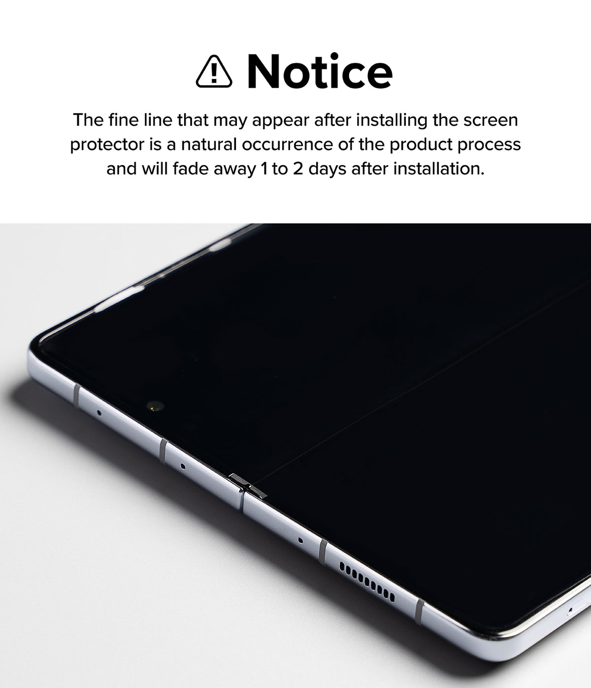 Galaxy Z Fold 6 Screen Protector | Hinge Dual Easy Film - Galaxy Z Fold 6 Screen Protector - Notice text about installation lines above a close-up of a folded smartphone screen.