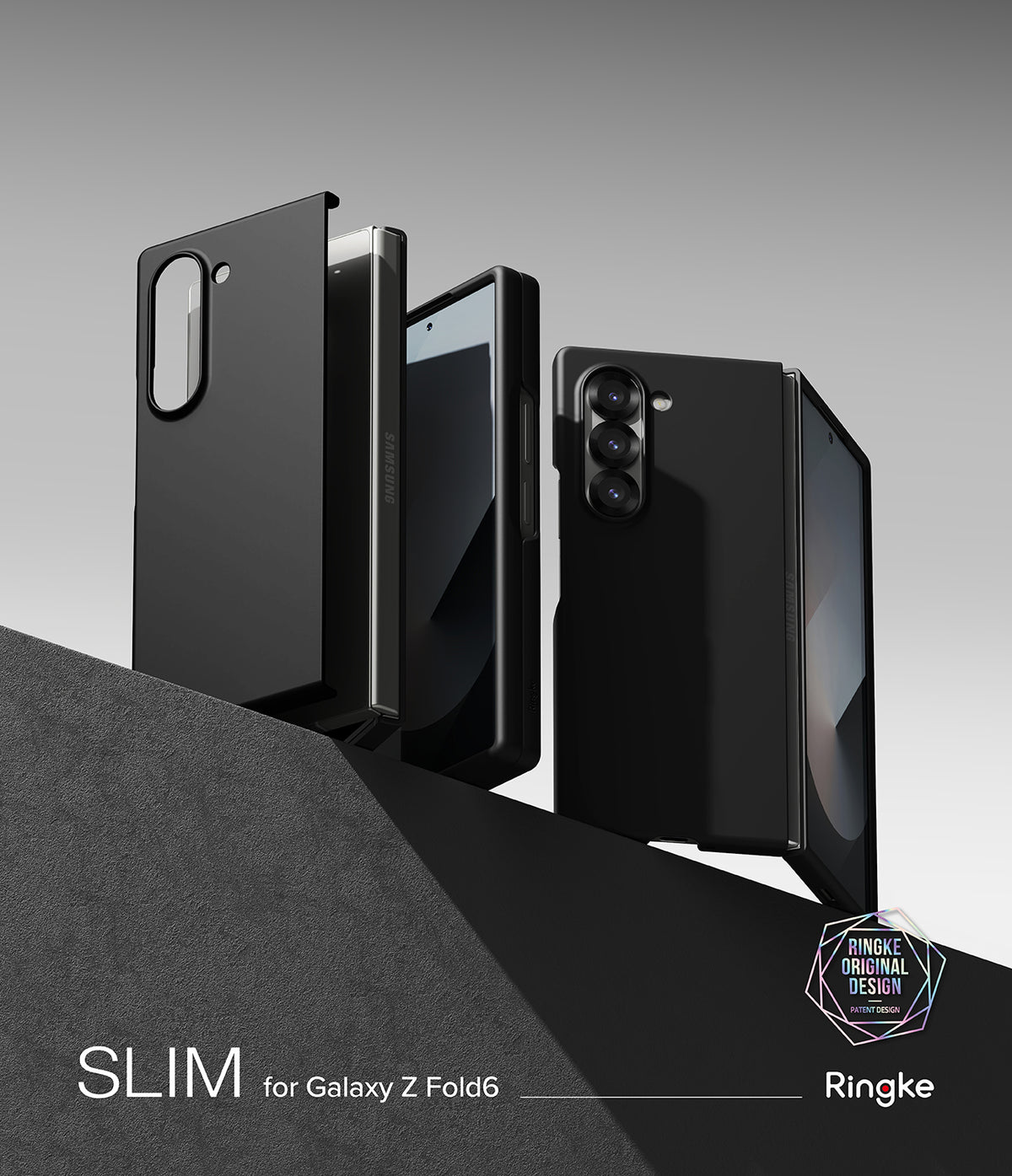 Galaxy Z Fold 6 Case | Slim - Two black slim cases for Galaxy Z Fold 6 displayed on a dark geometric platform.
