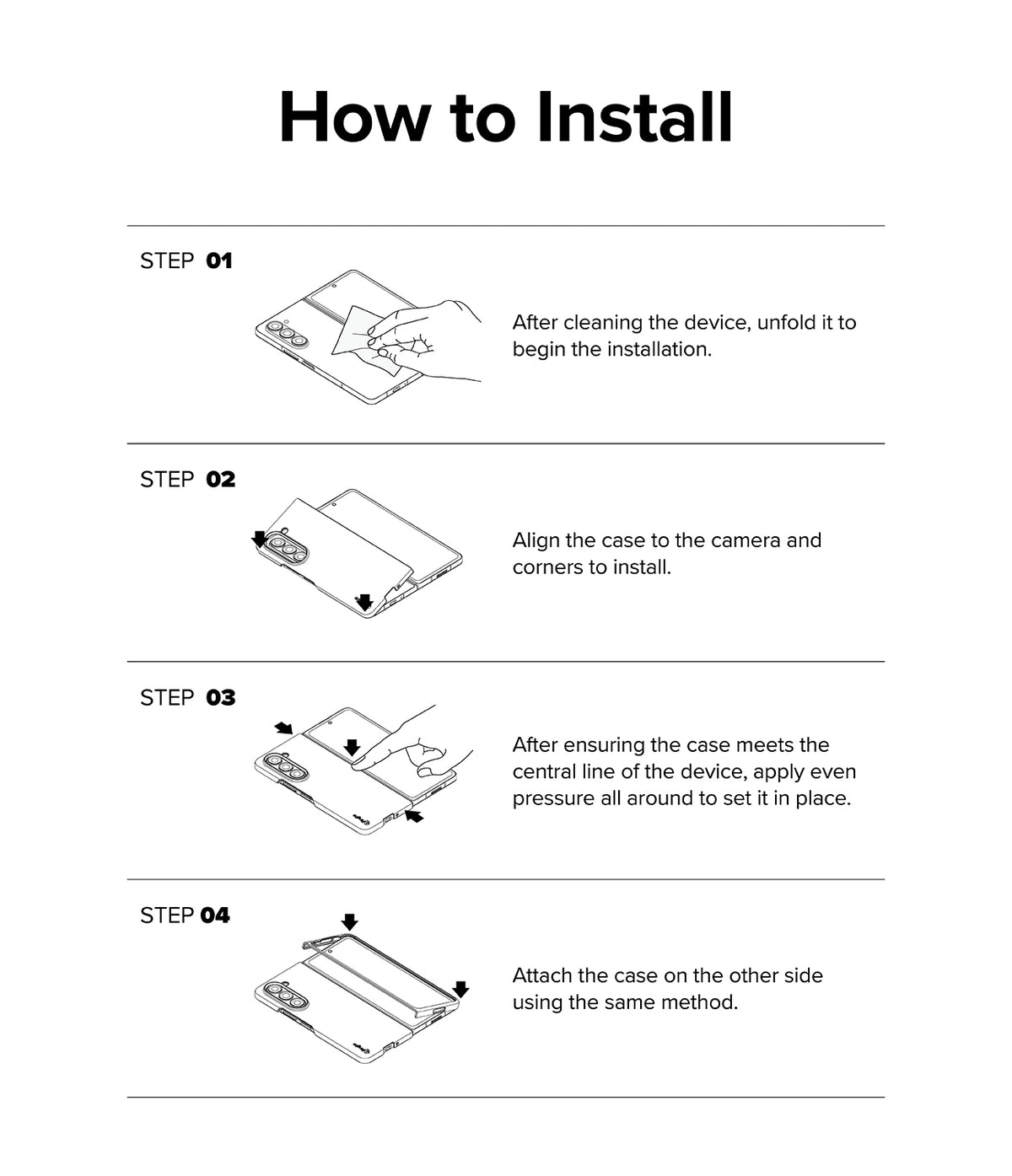 Galaxy Z Fold 6 Case | Slim - Four-step illustrated guide showing how to clean, align, and snap the protective case onto the phone.