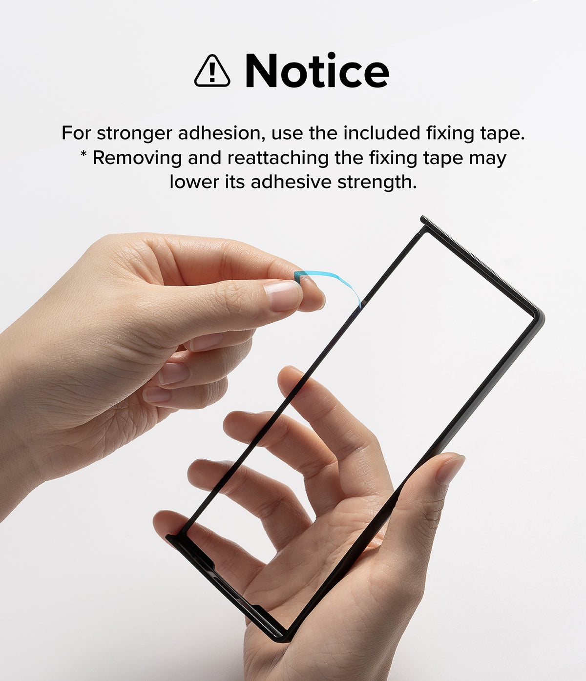 Galaxy Z Fold 6 Case | Slim - Hands peeling a protective film off the adhesive strip of a black phone case frame.