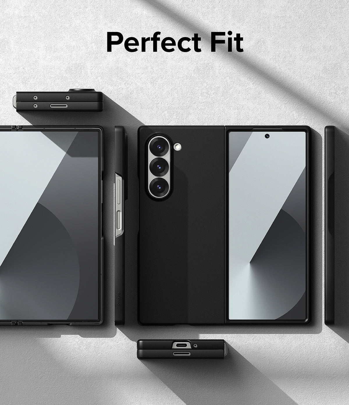 Galaxy Z Fold 6 Case | Slim - Black slim case on a Galaxy Z Fold 6, showing front, back, and side views on a textured surface.
