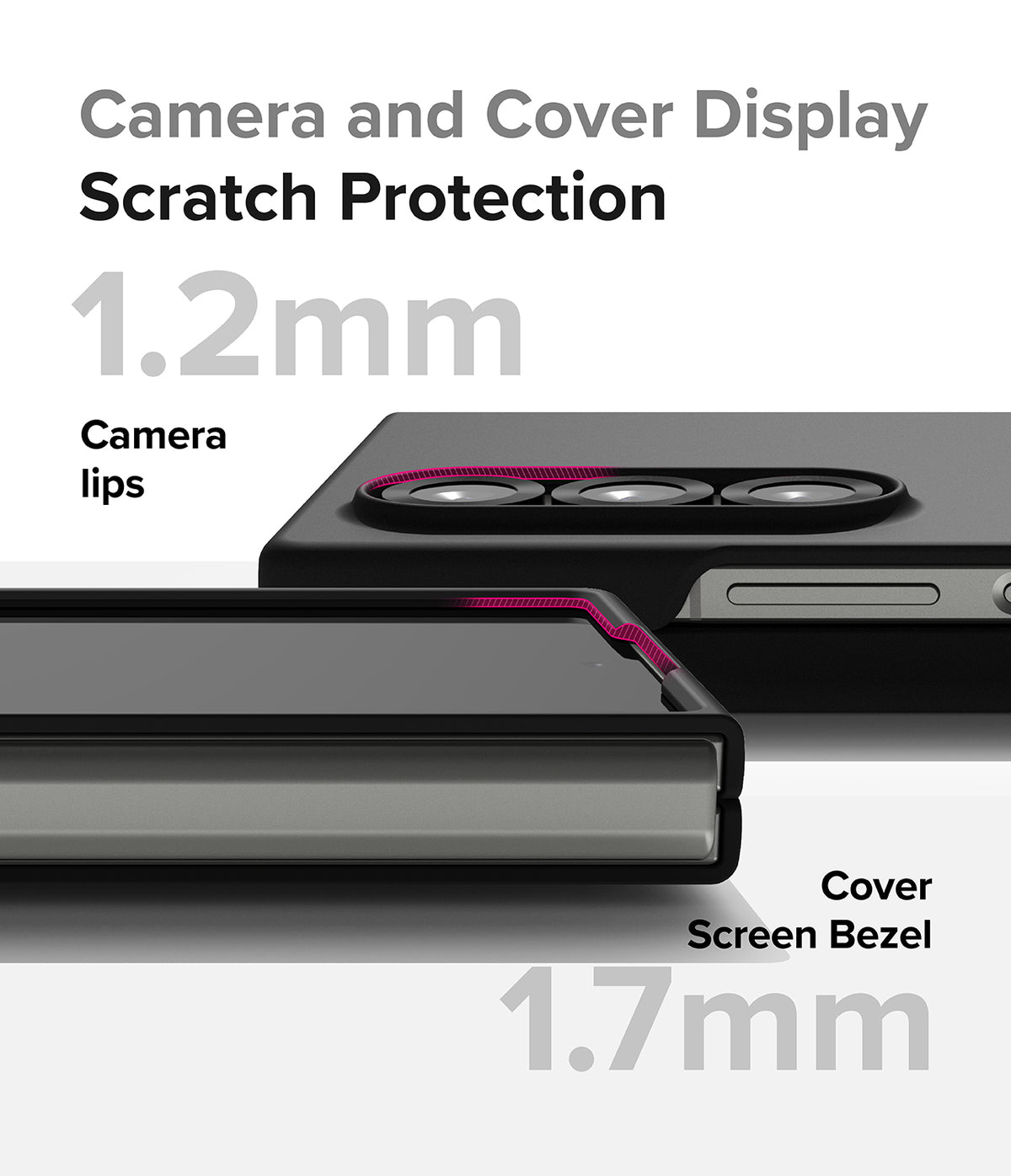 Galaxy Z Fold 6 Case | Slim - Close-up of phone case showing 1.2mm camera lips and 1.7mm cover screen bezel for scratch protection.