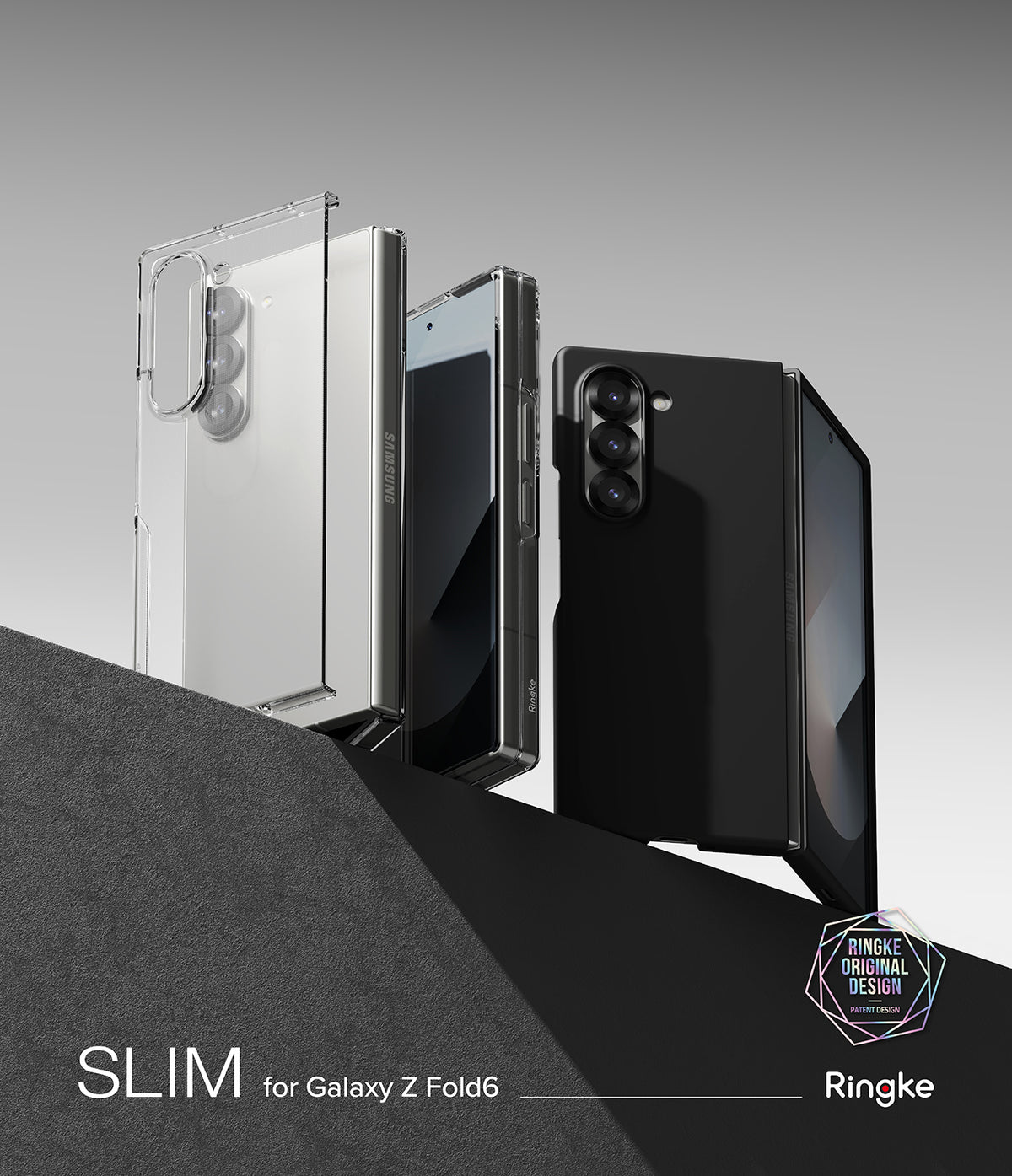 Galaxy Z Fold 6 Case | Slim - Clear and black slim cases displayed on a geometric platform with Ringke branding.