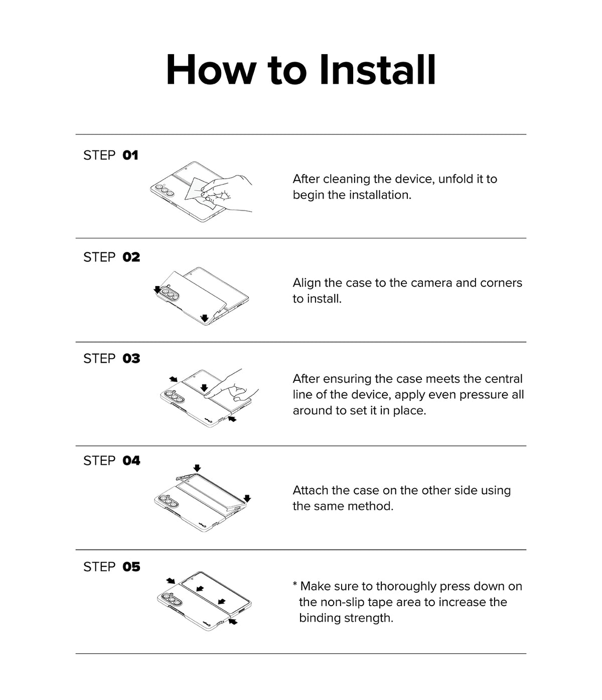 Galaxy Z Fold 6 Case | Slim - Five-step illustrated guide showing how to clean, align, and press the case onto the phone.