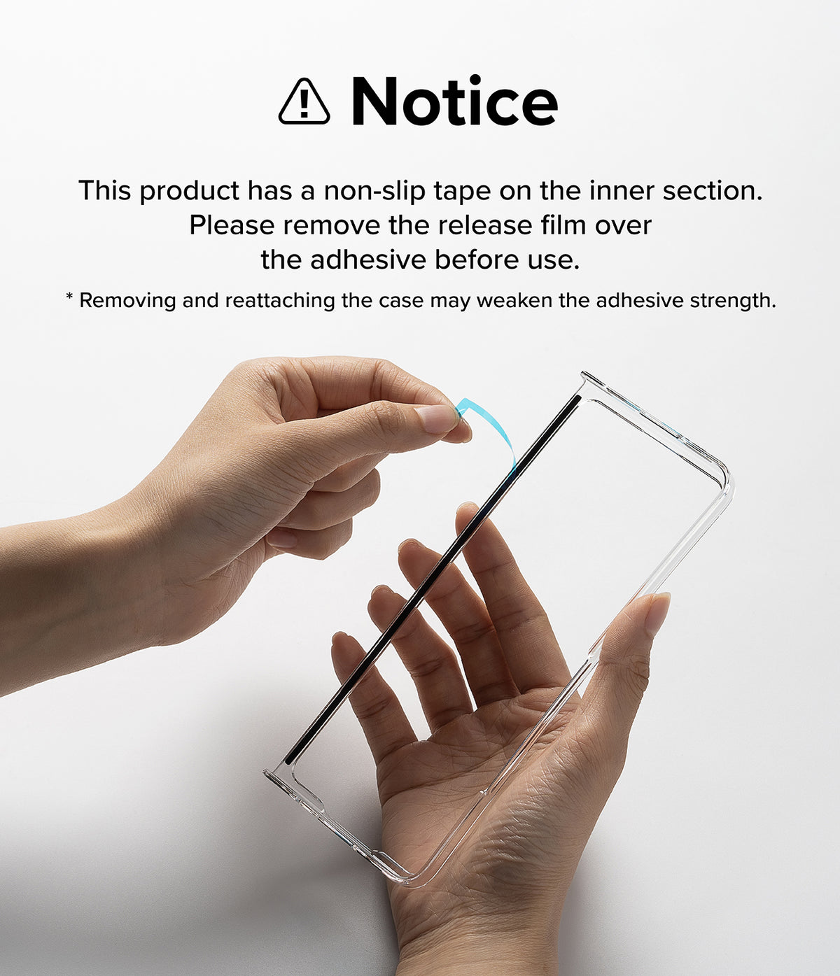 Galaxy Z Fold 6 Case | Slim - Hands peeling a protective film off the adhesive strip inside a clear phone case.