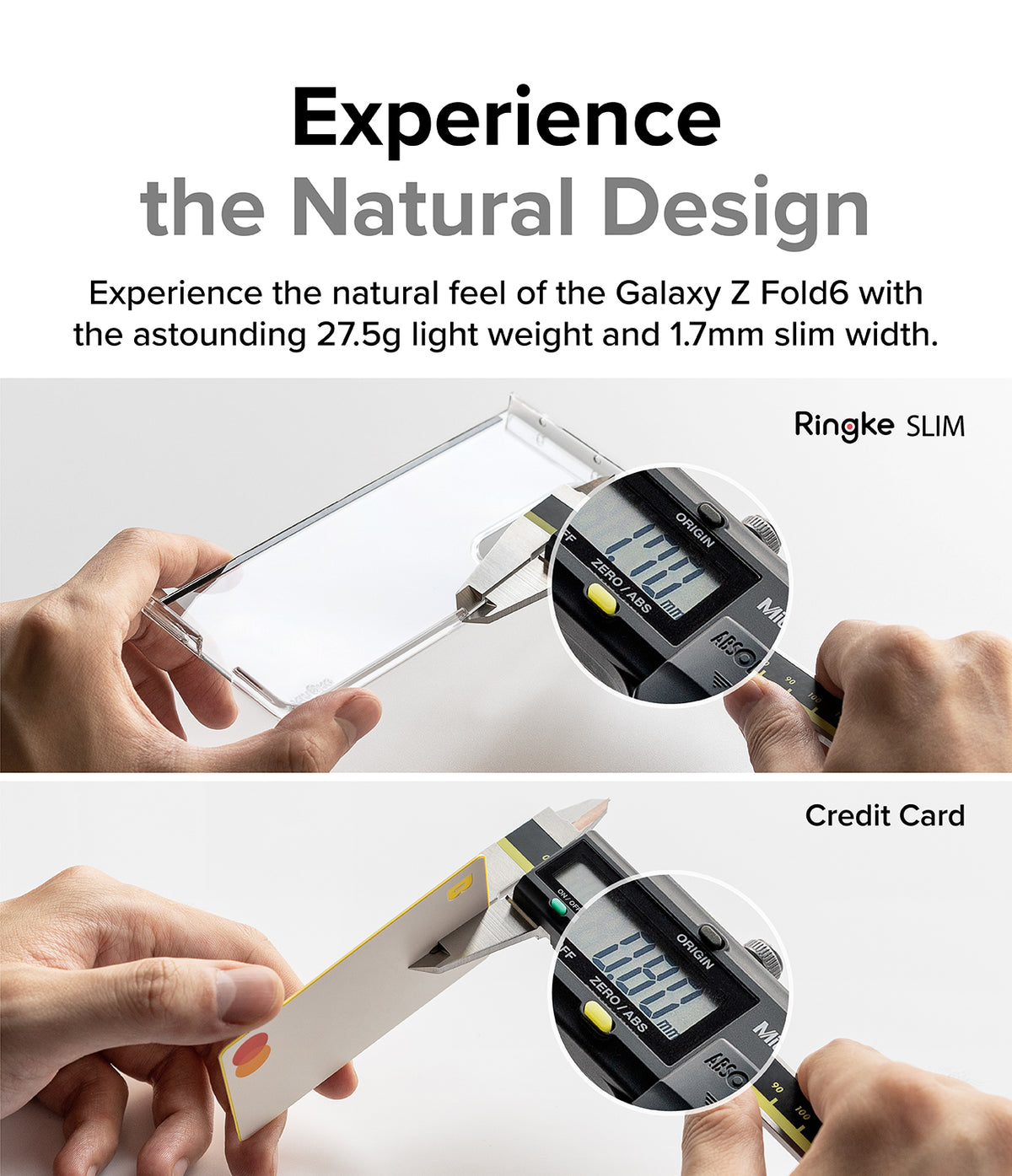 Galaxy Z Fold 6 Case | Slim - Digital calipers measuring the 1.7mm thickness of a clear phone case versus a credit card.