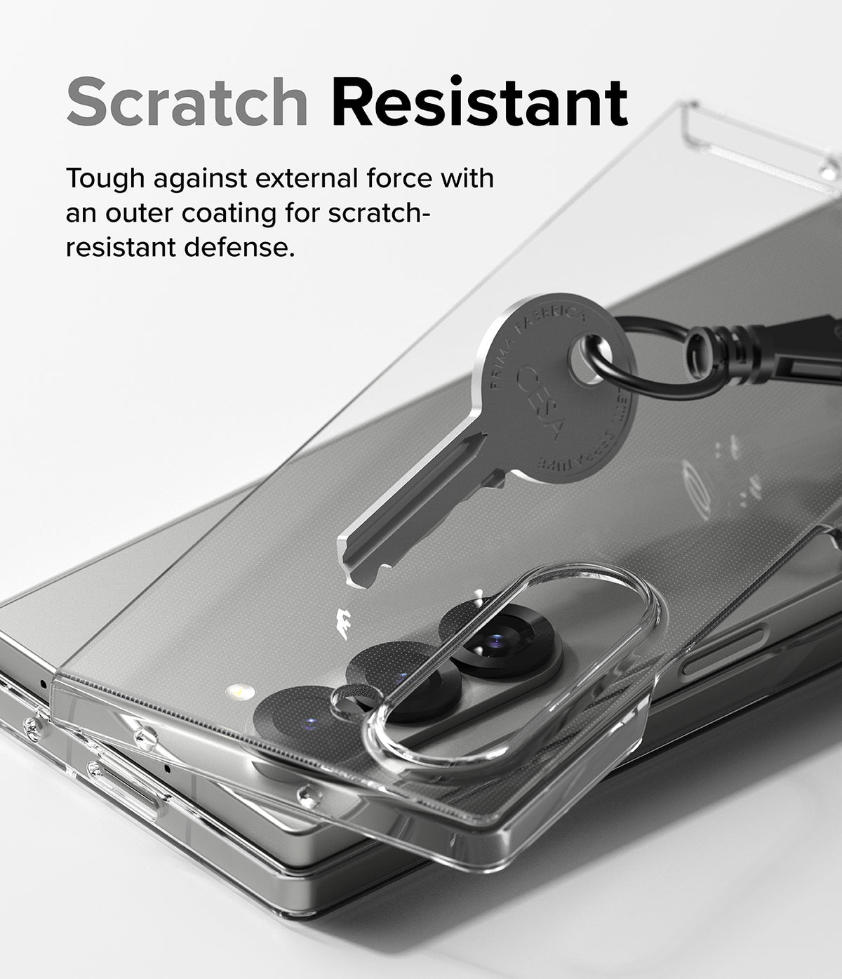 Galaxy Z Fold 6 Case | Slim - A metal key scratches against a clear phone case covering a Galaxy Z Fold 6.