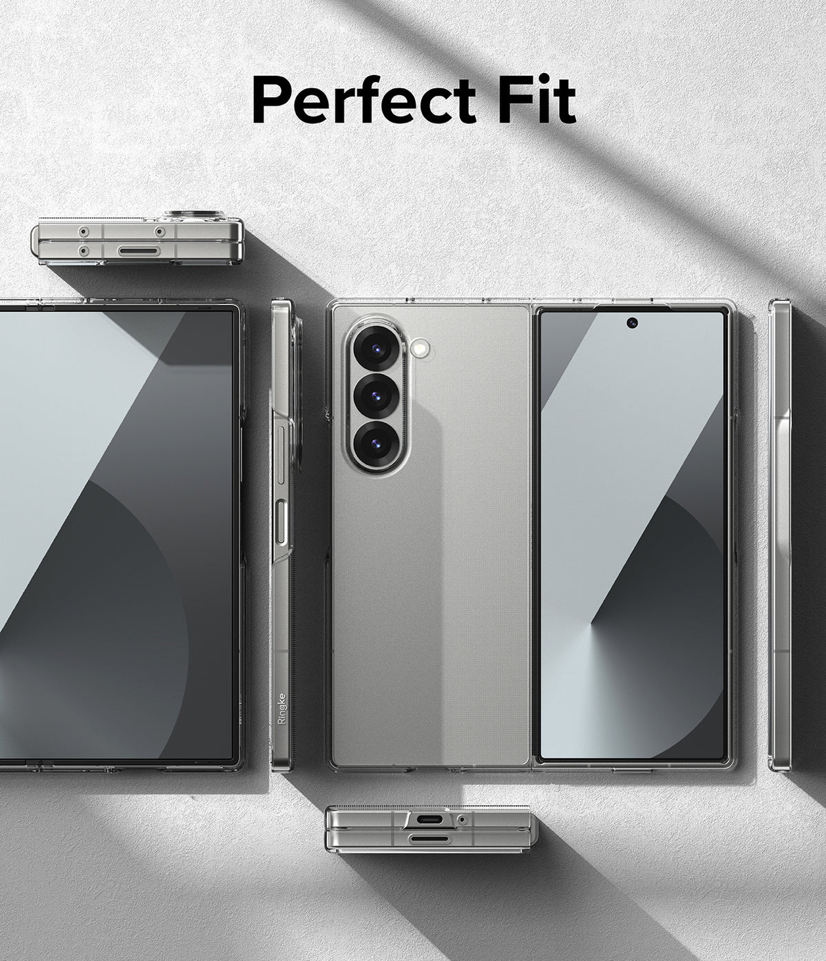 Galaxy Z Fold 6 Case | Slim - Clear protective case shown from multiple angles on a textured gray surface with Perfect Fit text.