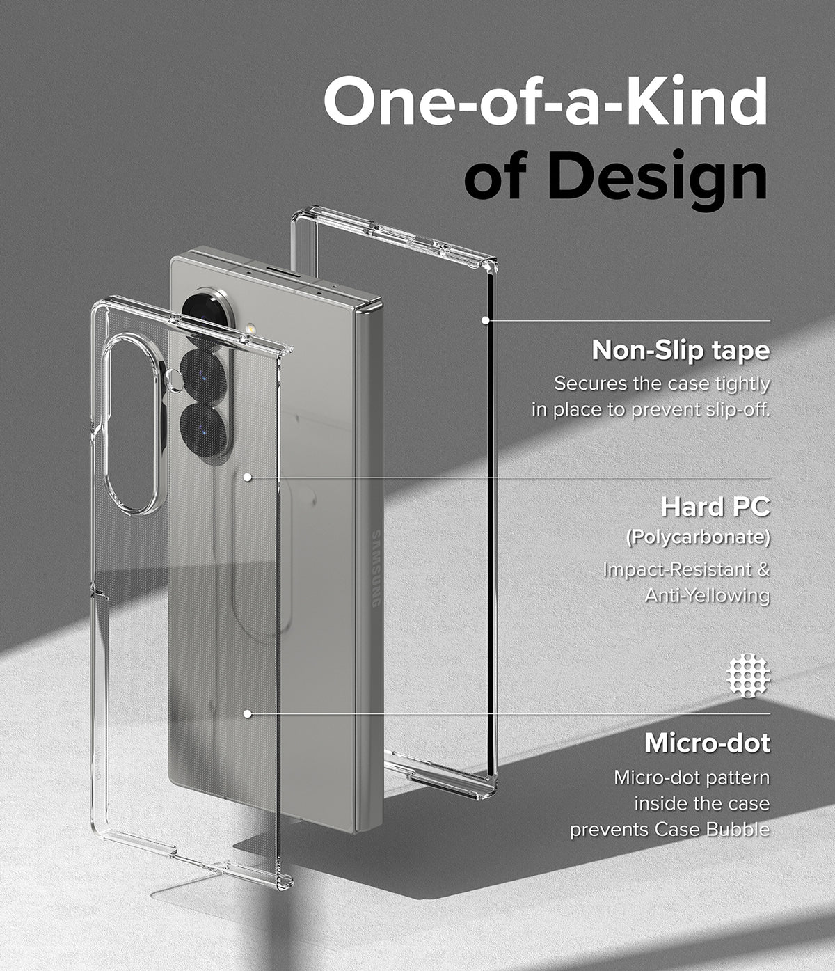 Galaxy Z Fold 6 Case | Slim - Exploded view of a clear phone case highlighting non-slip tape, hard polycarbonate, and micro-dot pattern.