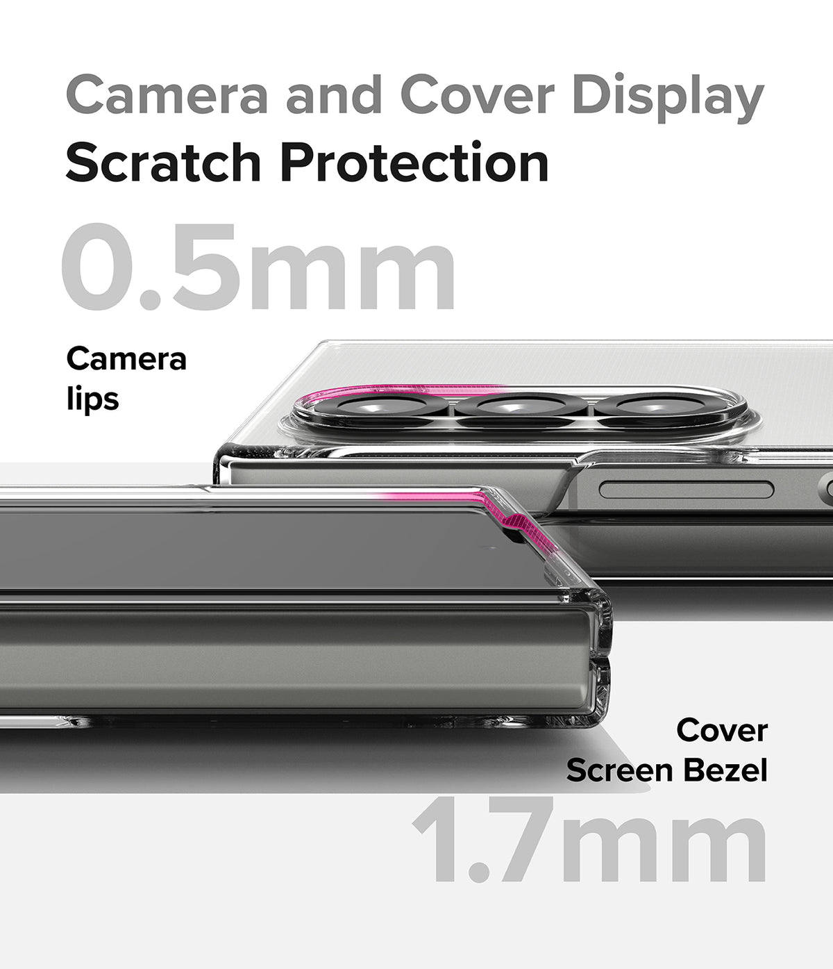 Galaxy Z Fold 6 Case | Slim - Close-up of phone case showing 0.5mm camera lips and 1.7mm raised cover screen bezels for protection.