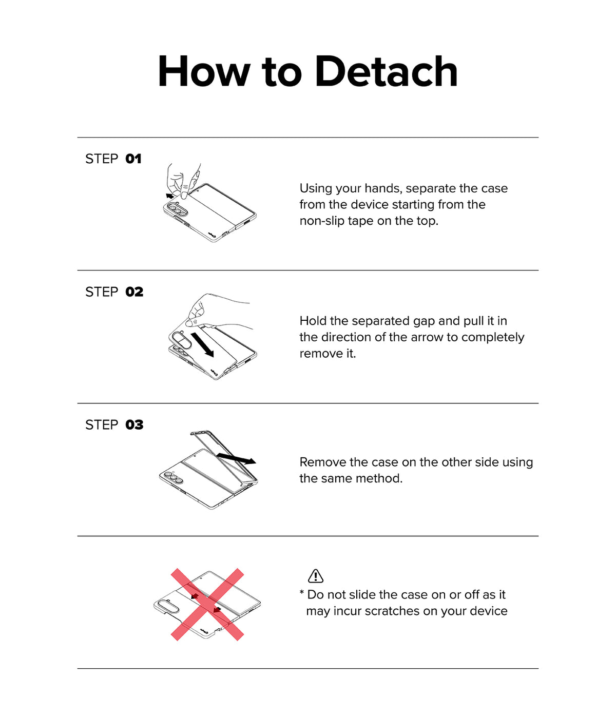Galaxy Z Fold 6 Case | Slim Magnetic - Three-step instructional diagram showing how to safely detach the phone case.