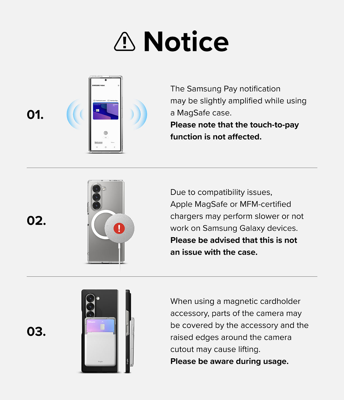Galaxy Z Fold 6 Case | Slim Magnetic - Infographic explaining Samsung Pay, MagSafe charger compatibility, and accessory use.