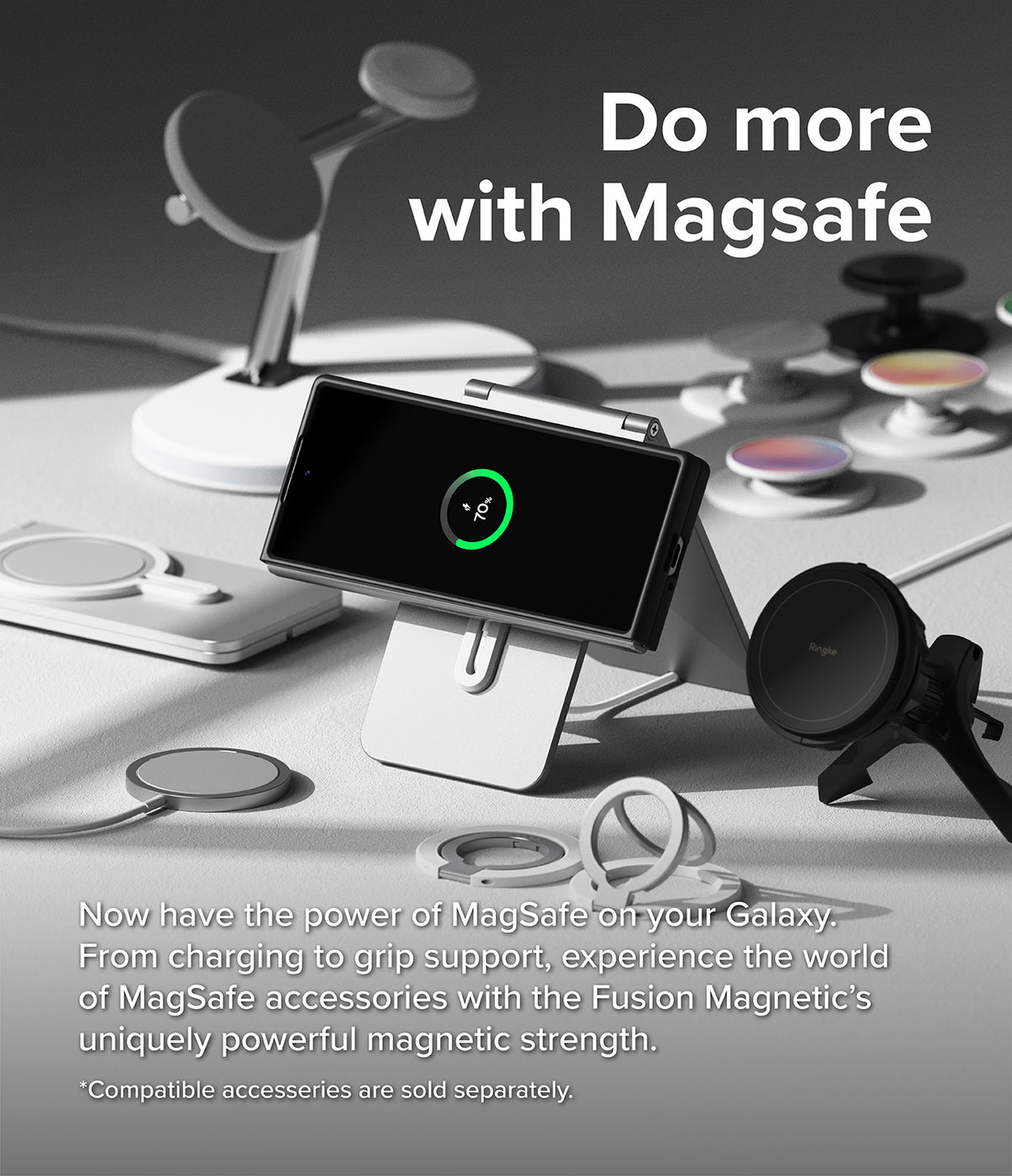 Galaxy Z Fold 6 Case | Slim Magnetic - Galaxy Z Fold 6 charging on a magnetic stand surrounded by various MagSafe accessories.