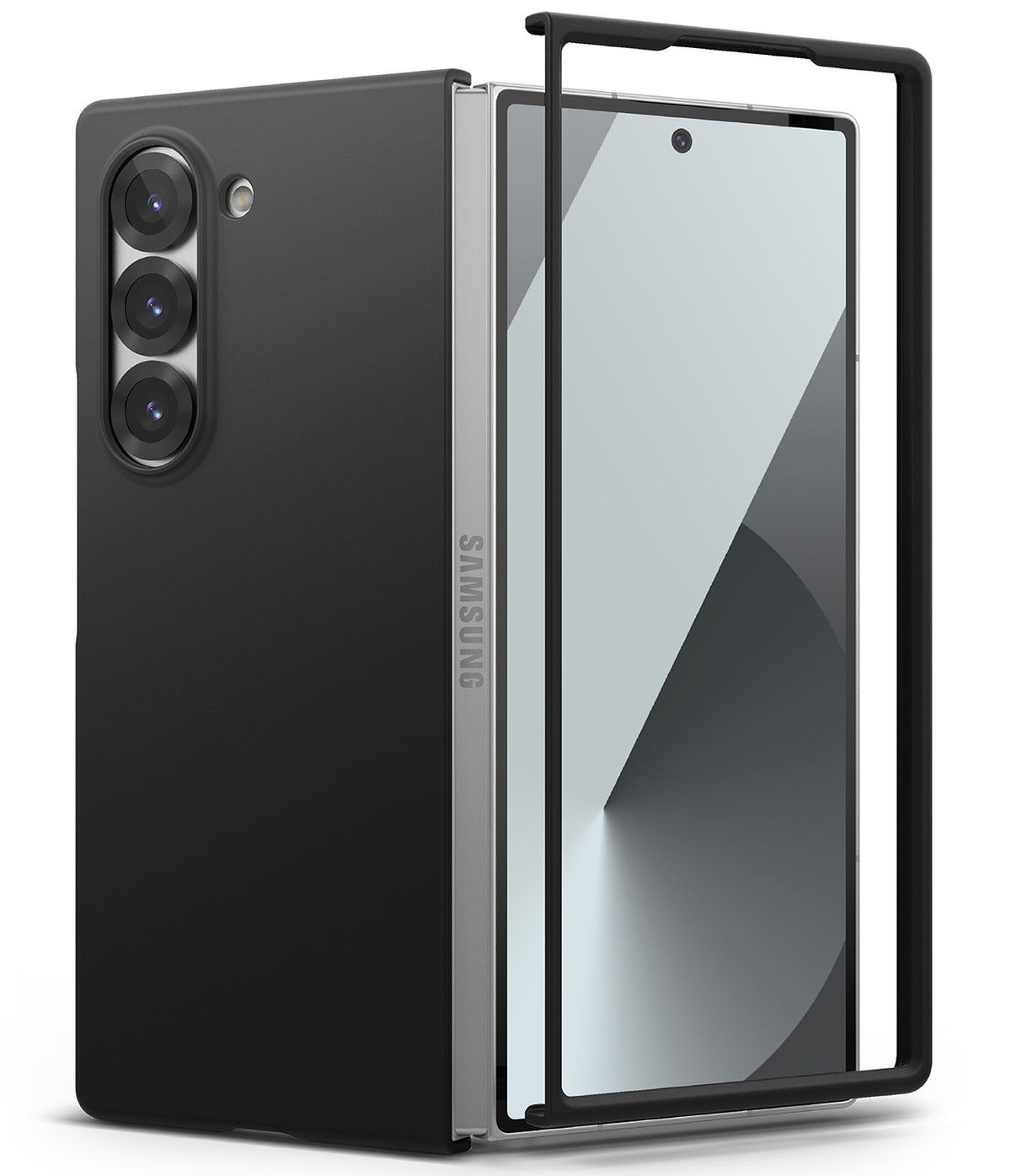 Galaxy Z Fold 6 Case | Slim - Matte black protective case shown on a silver Galaxy Z Fold 6 with a detached front frame.
