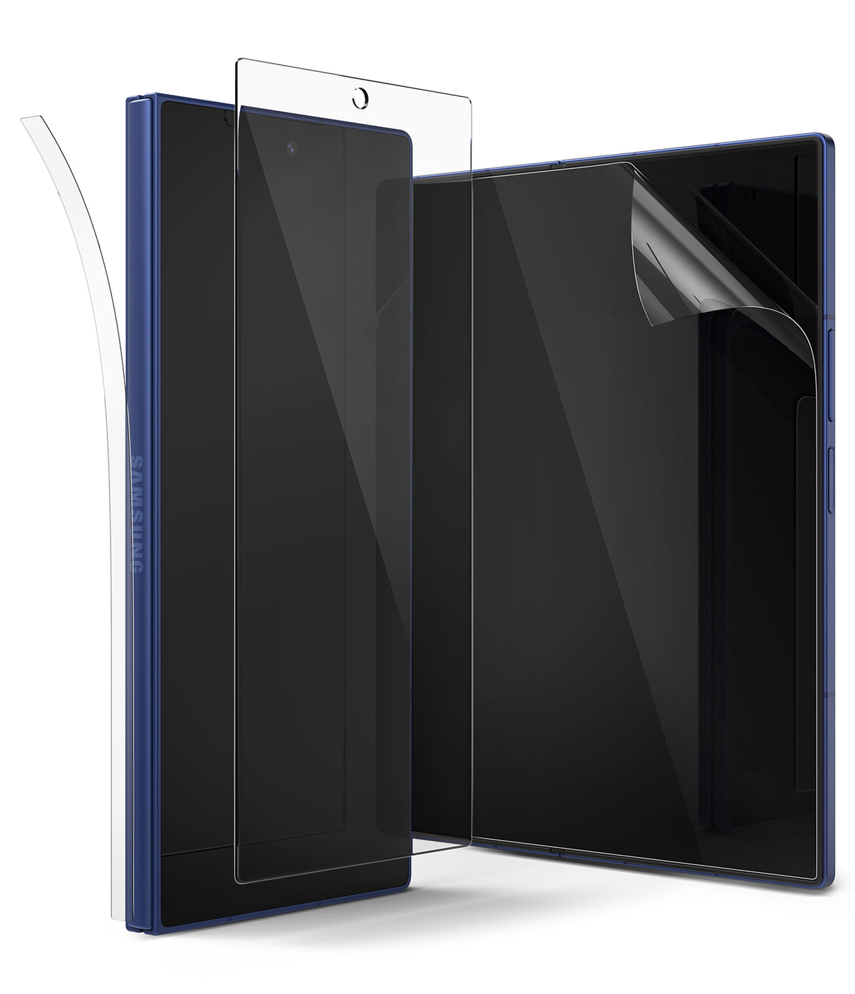 Galaxy Z Fold 7 Screen Protector | 3-in-1 Protector Pro - A foldable phone with transparent protective films being applied to its screens.