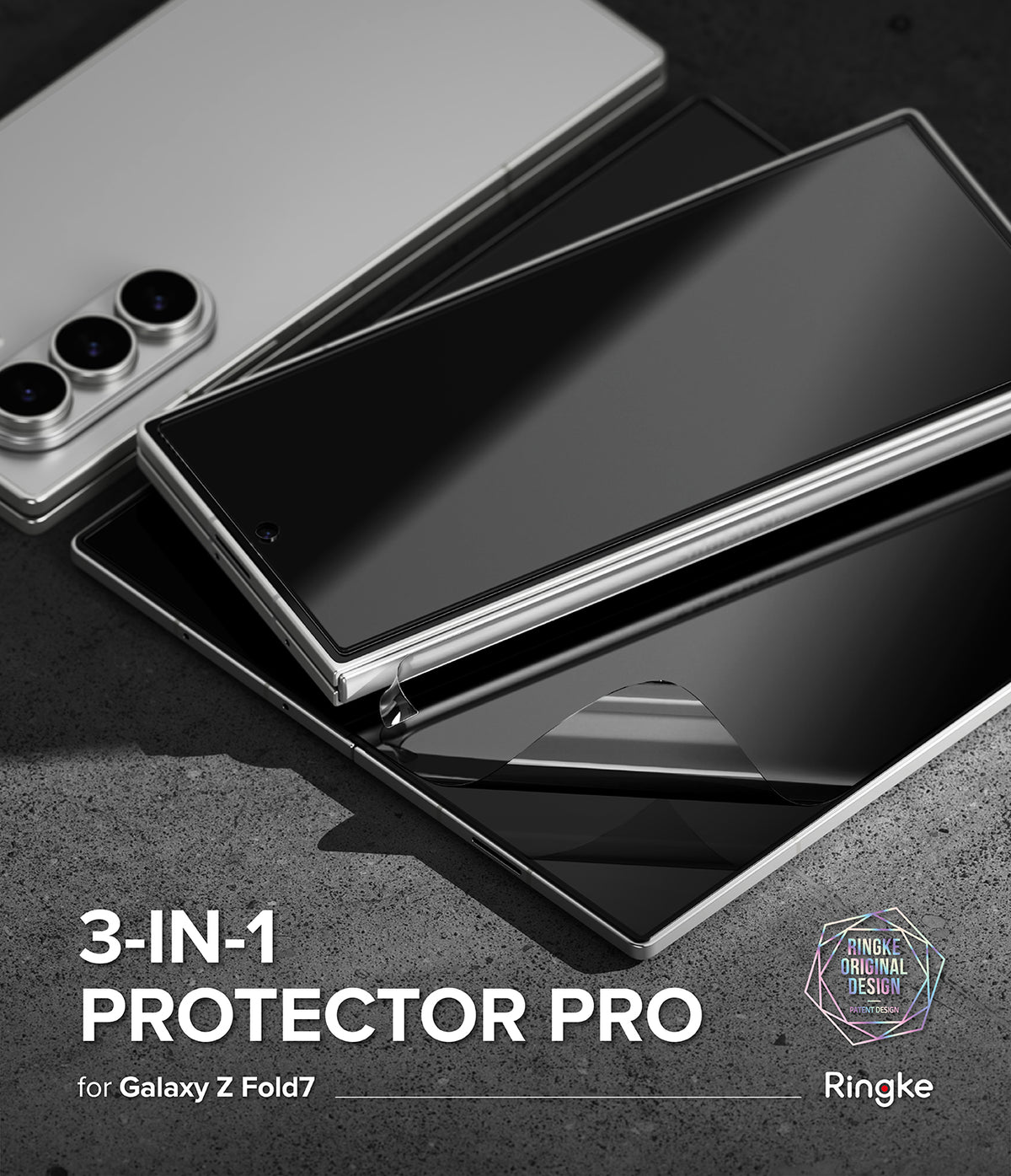 Galaxy Z Fold 7 Screen Protector | 3-in-1 Protector Pro - A 3-in-1 screen protector set for Galaxy Z Fold 7 displayed on a grey textured surface.