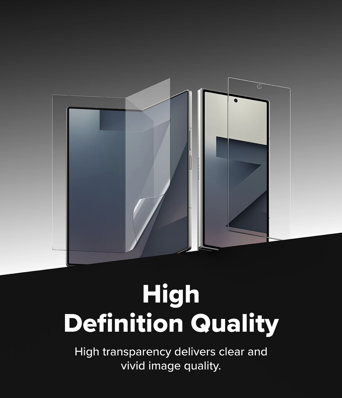 Galaxy Z Fold 7 Screen Protector | 3-in-1 Protector Pro - Transparent screen protectors hovering over an open and closed Galaxy Z Fold 7.