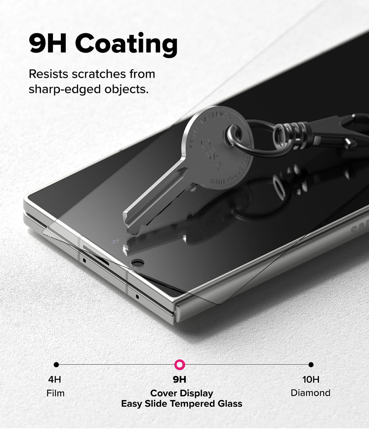 Galaxy Z Fold 7 Screen Protector | 3-in-1 Protector Pro - A key resting on a phone screen with 9H coating text and a hardness scale graphic.