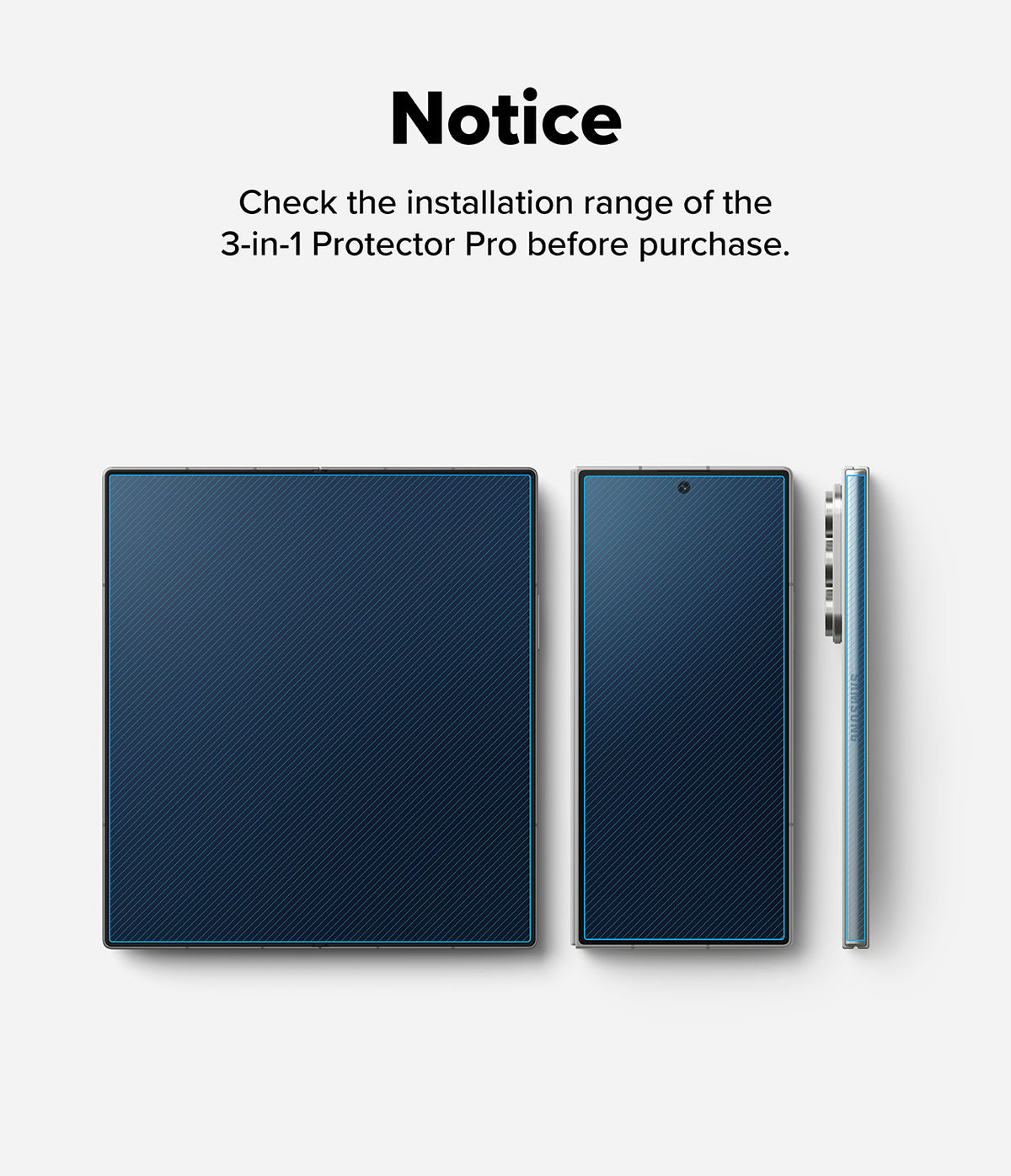 Galaxy Z Fold 7 Screen Protector | 3-in-1 Protector Pro - Diagram showing the installation area for a foldable phone's inner and outer screens.