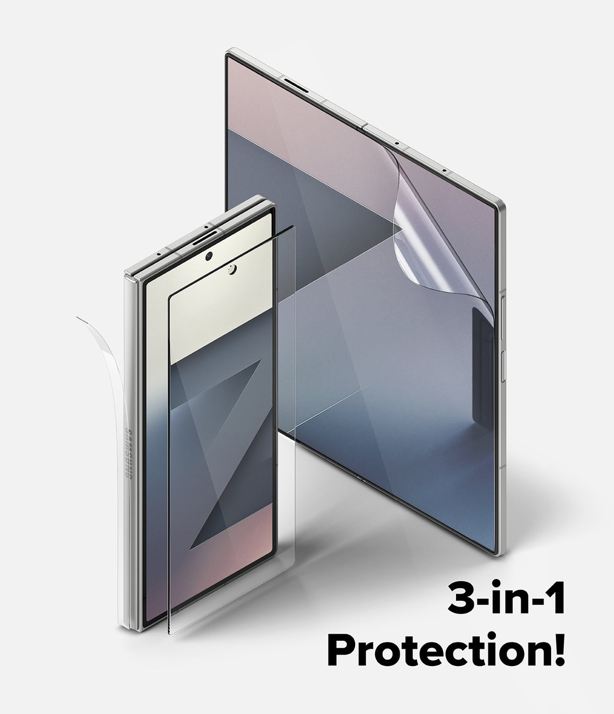 Galaxy Z Fold 7 Screen Protector | 3-in-1 Protector Pro - Clear screen protectors being applied to the folded and unfolded Galaxy Z Fold 7.