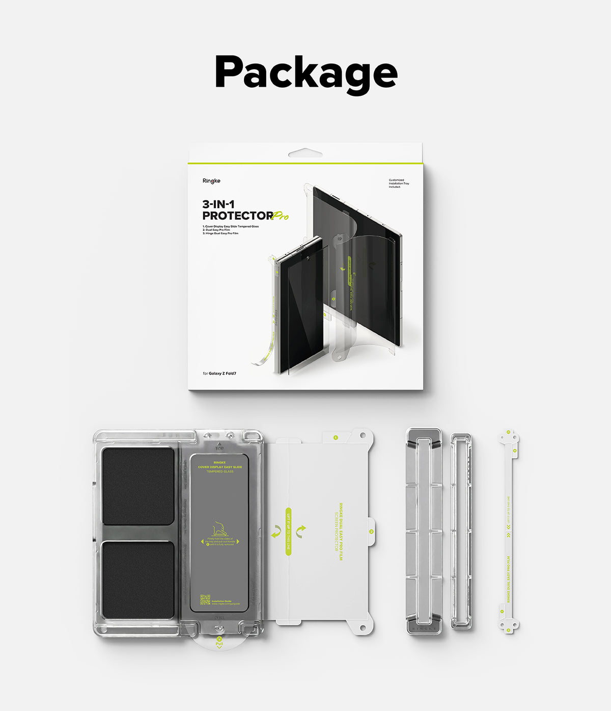 Galaxy Z Fold 7 Screen Protector | 3-in-1 Protector Pro - Packaging box and 3-in-1 screen protector installation kit with tray and film tools.