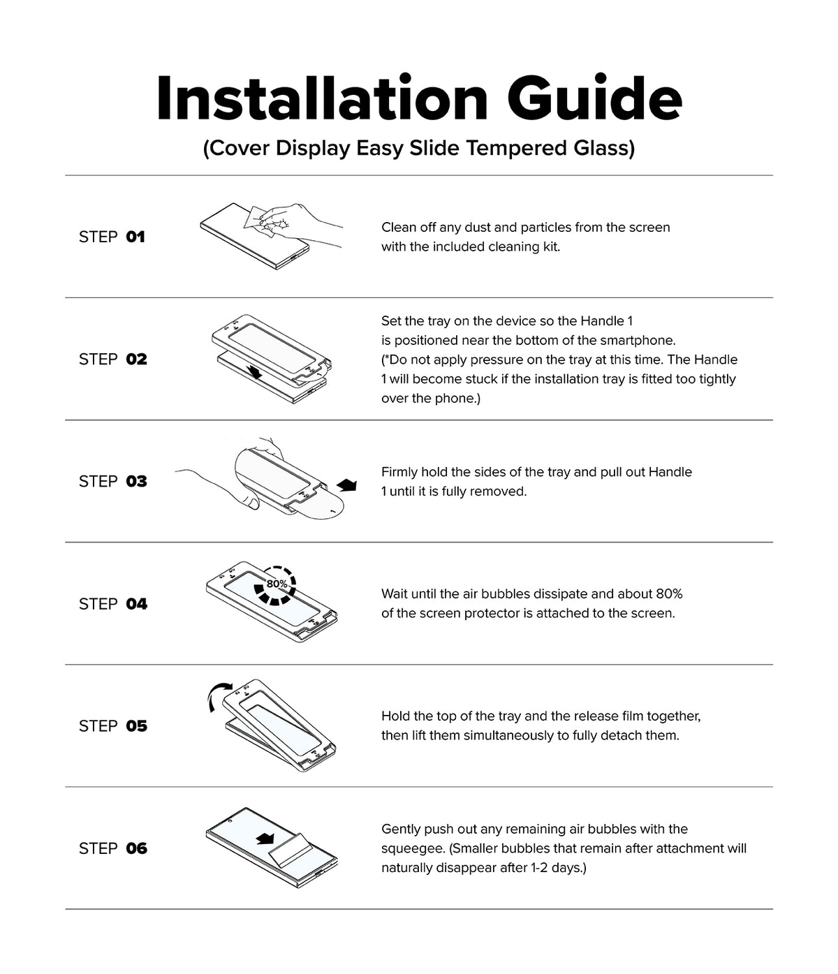 Galaxy Z Fold 7 Screen Protector | 3-in-1 Protector Pro - Six-step illustrated guide showing how to install a tempered glass screen protector.